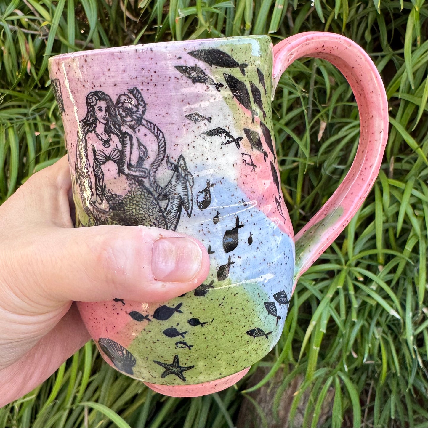 Hand-Thrown Stoneware Mug — Mermaid & Fish