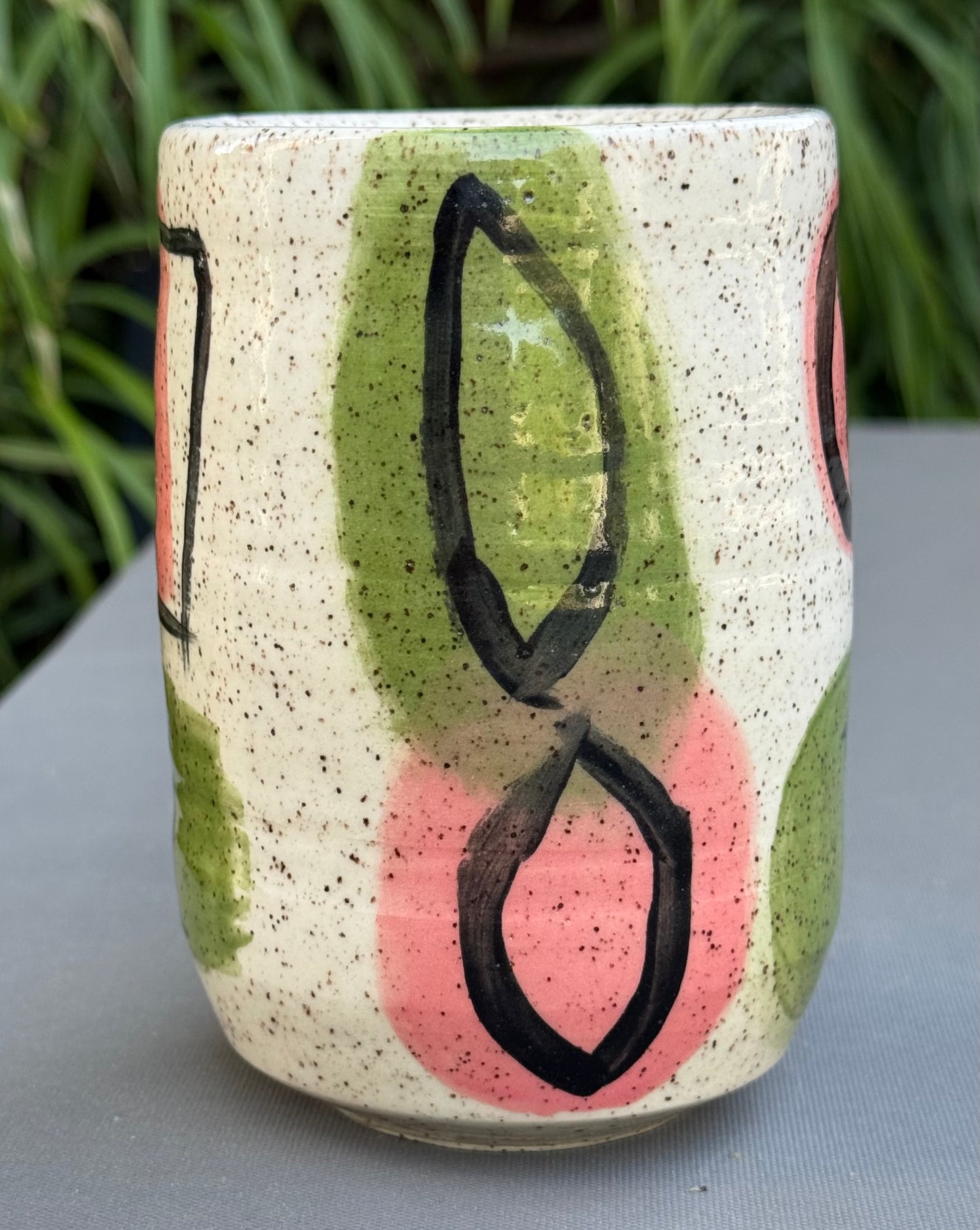 Hand-Thrown Stoneware Tumbler — Abstract Pink & Green