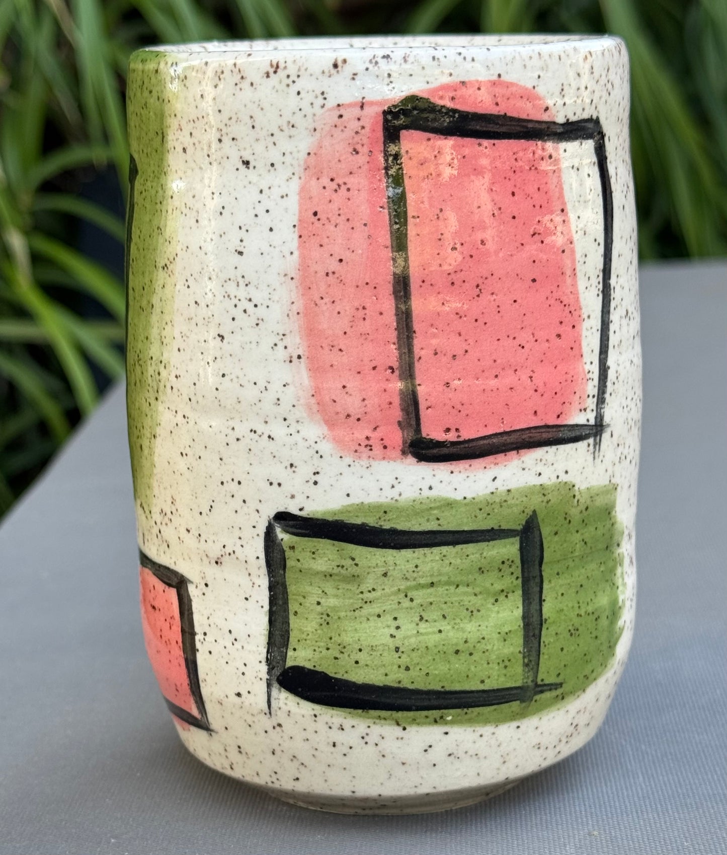 Hand-Thrown Stoneware Tumbler — Abstract Pink & Green