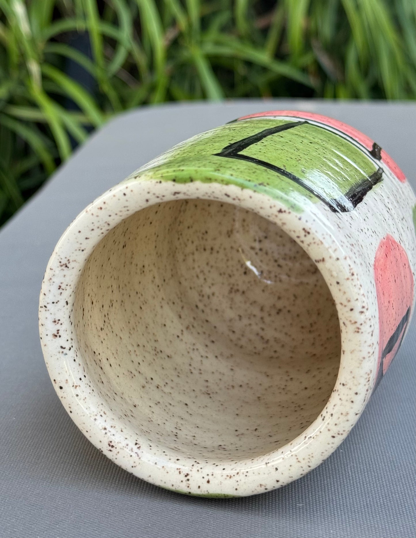 Hand-Thrown Stoneware Tumbler — Abstract Pink & Green