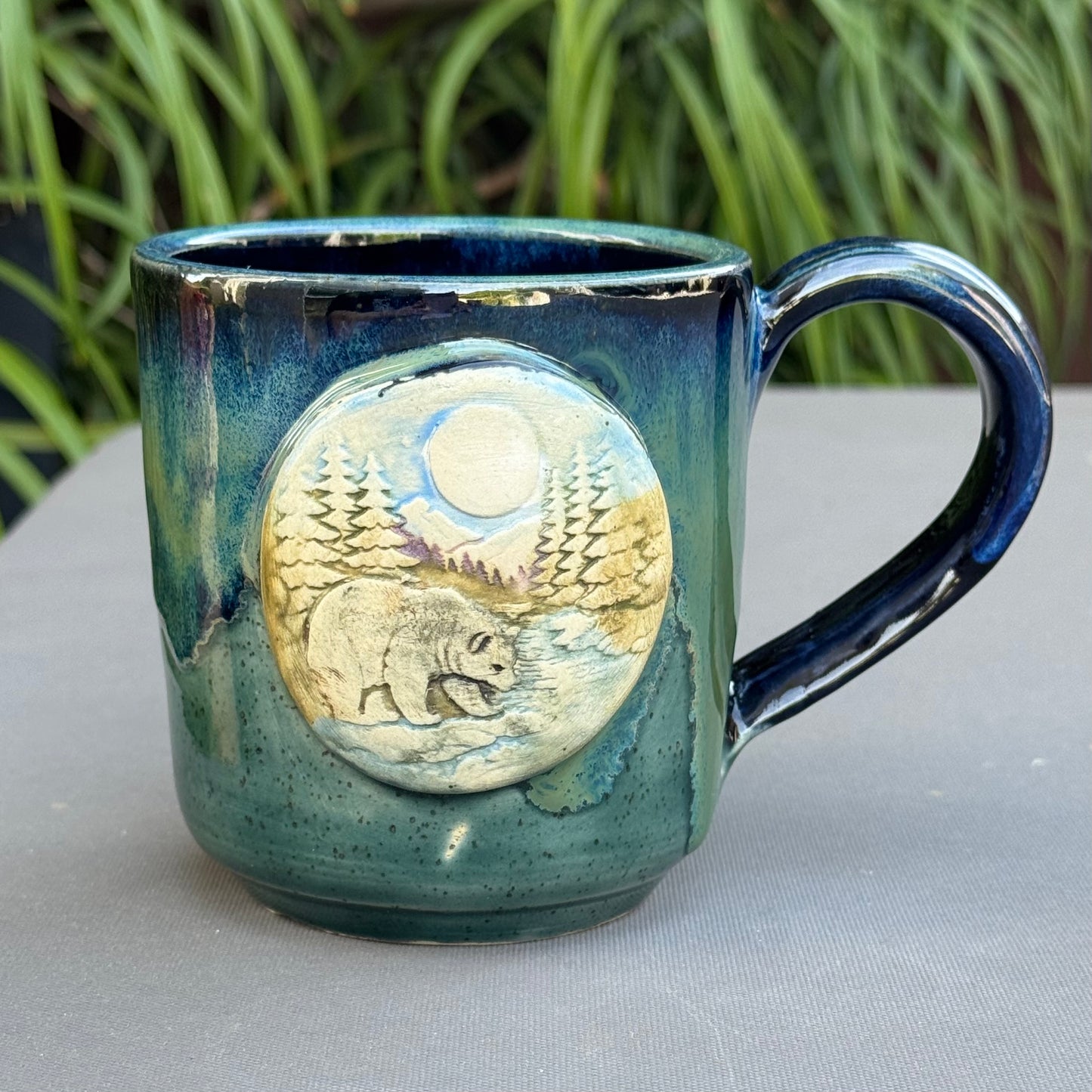 Hand-Thrown Stoneware Mug — Ocean Blue Green, Bear & Cabin Medallions