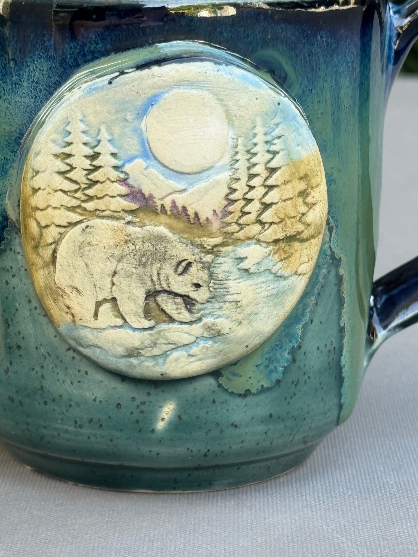 Hand-Thrown Stoneware Mug — Ocean Blue Green, Bear & Cabin Medallions