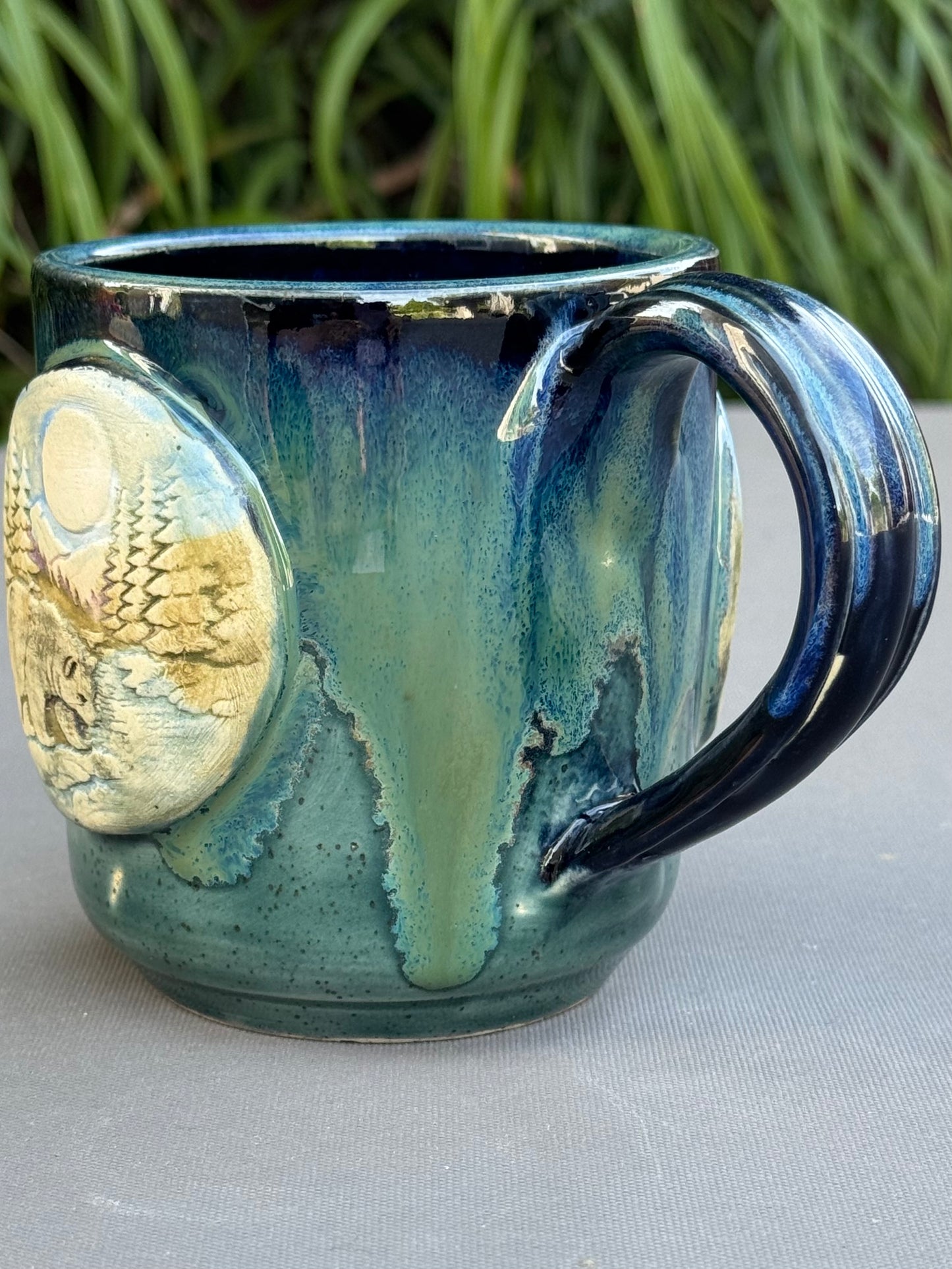 Hand-Thrown Stoneware Mug — Ocean Blue Green, Bear & Cabin Medallions