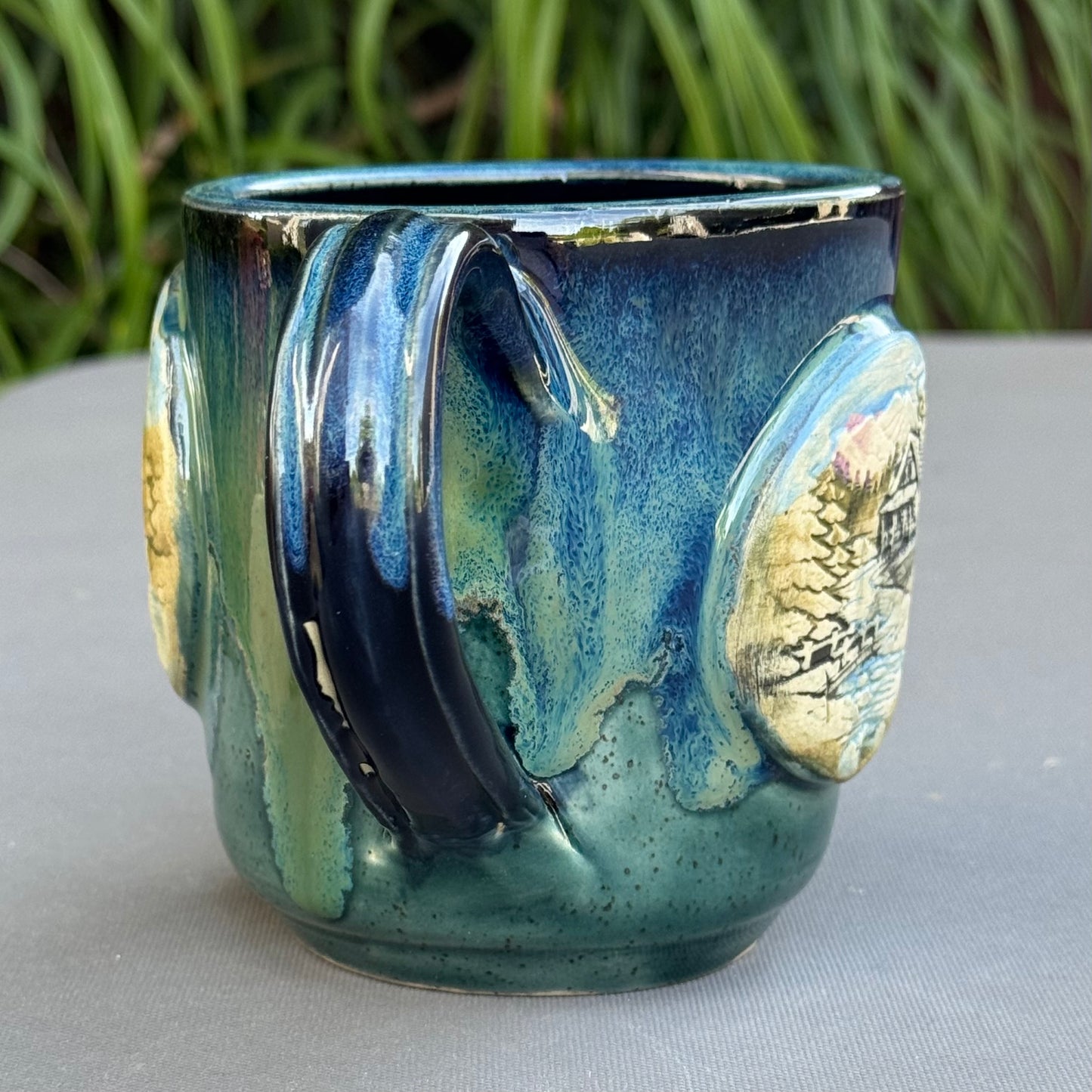 Hand-Thrown Stoneware Mug — Ocean Blue Green, Bear & Cabin Medallions