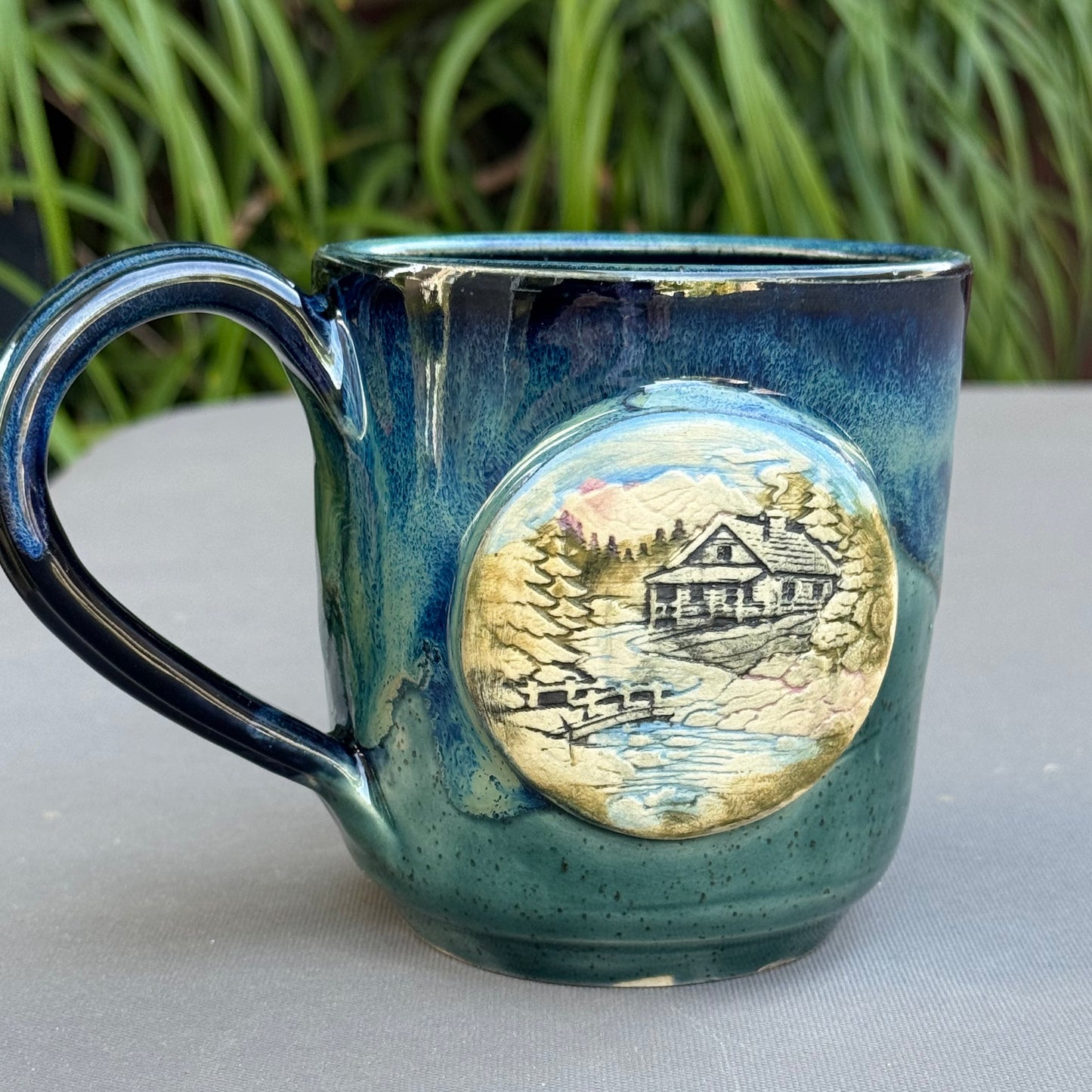 Hand-Thrown Stoneware Mug — Ocean Blue Green, Bear & Cabin Medallions