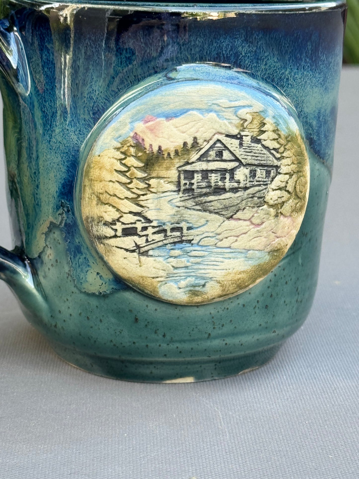 Hand-Thrown Stoneware Mug — Ocean Blue Green, Bear & Cabin Medallions