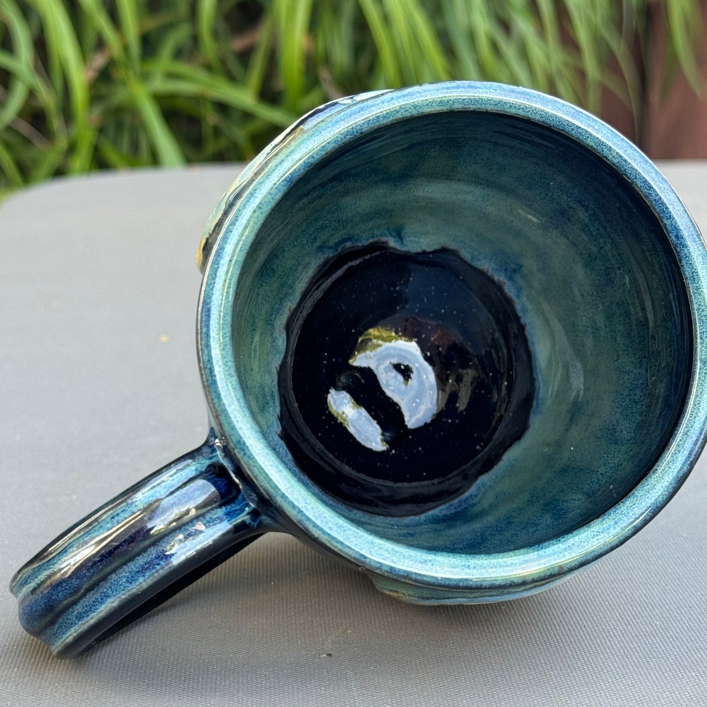 Hand-Thrown Stoneware Mug — Ocean Blue Green, Bear & Cabin Medallions