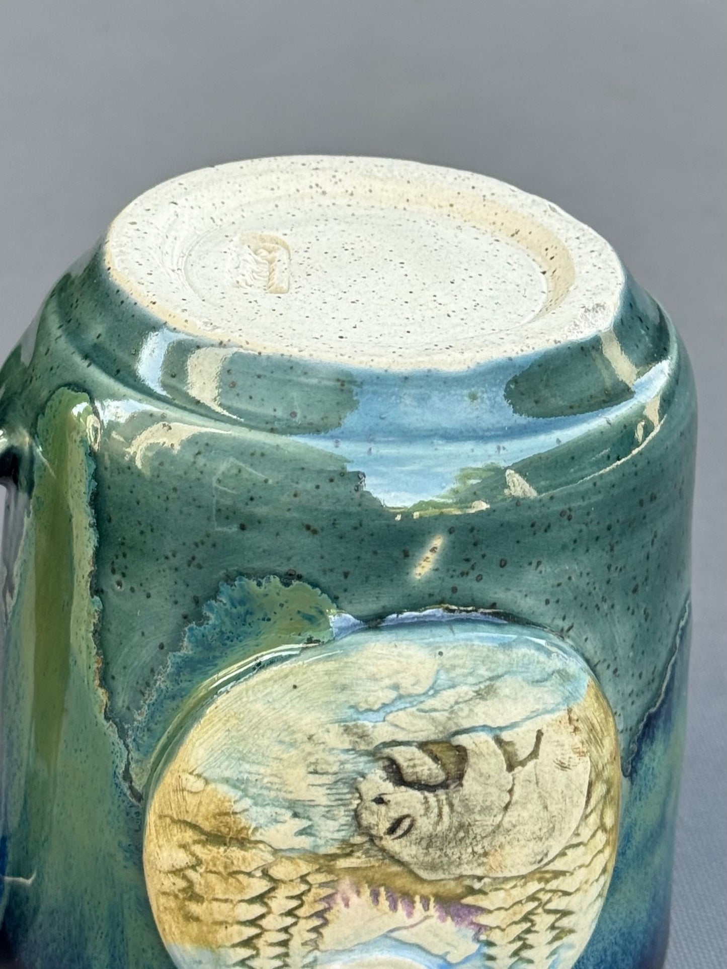 Hand-Thrown Stoneware Mug — Ocean Blue Green, Bear & Cabin Medallions
