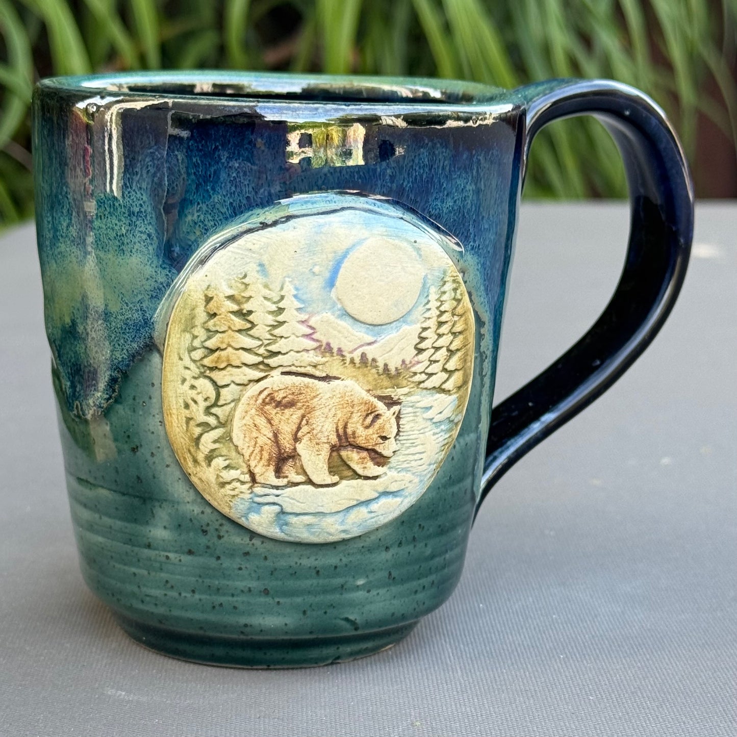 Hand-Thrown Stoneware Mug — Ocean Blue Green, Bear & Cabin Medallions No 2