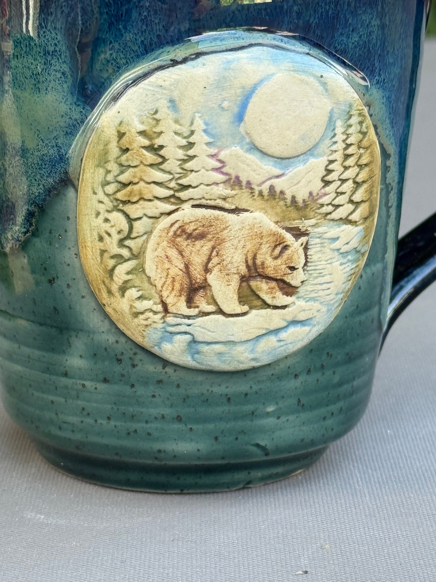 Hand-Thrown Stoneware Mug — Ocean Blue Green, Bear & Cabin Medallions No 2