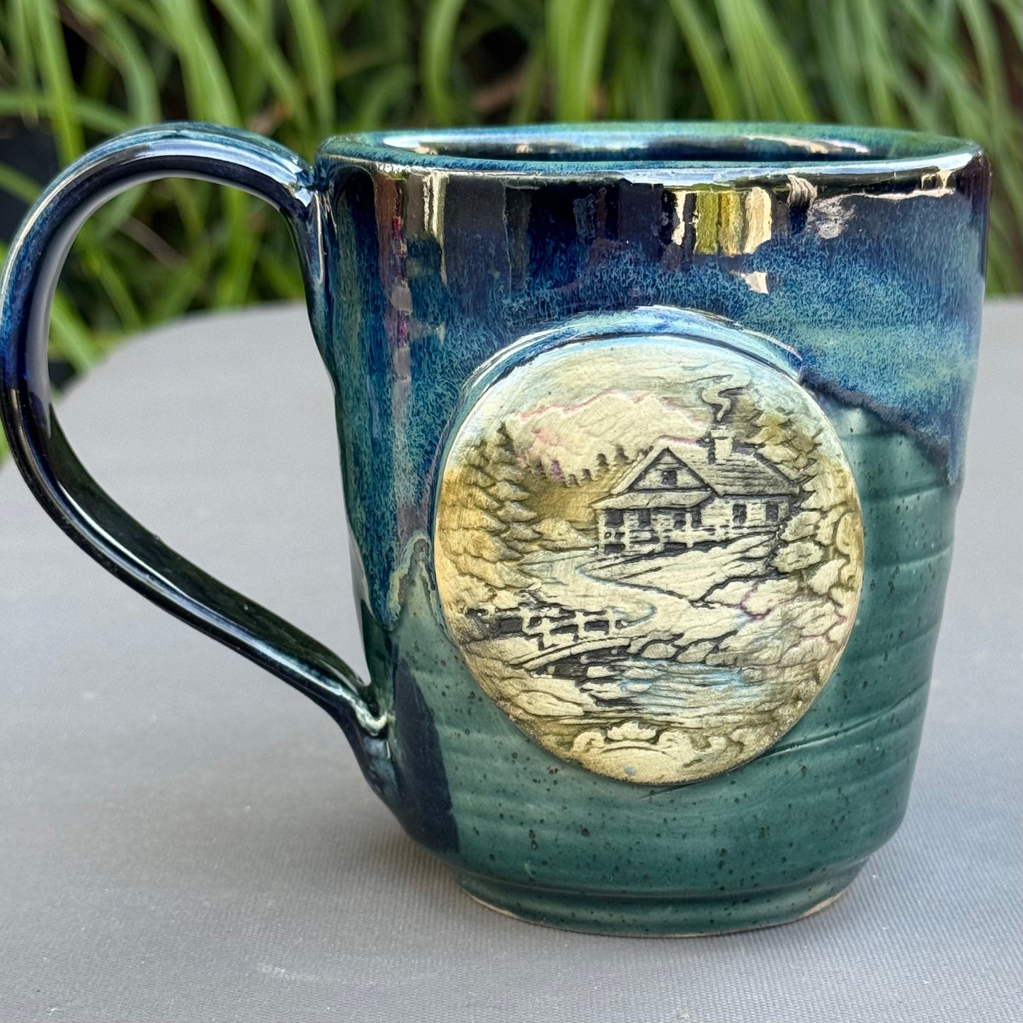 Hand-Thrown Stoneware Mug — Ocean Blue Green, Bear & Cabin Medallions No 2