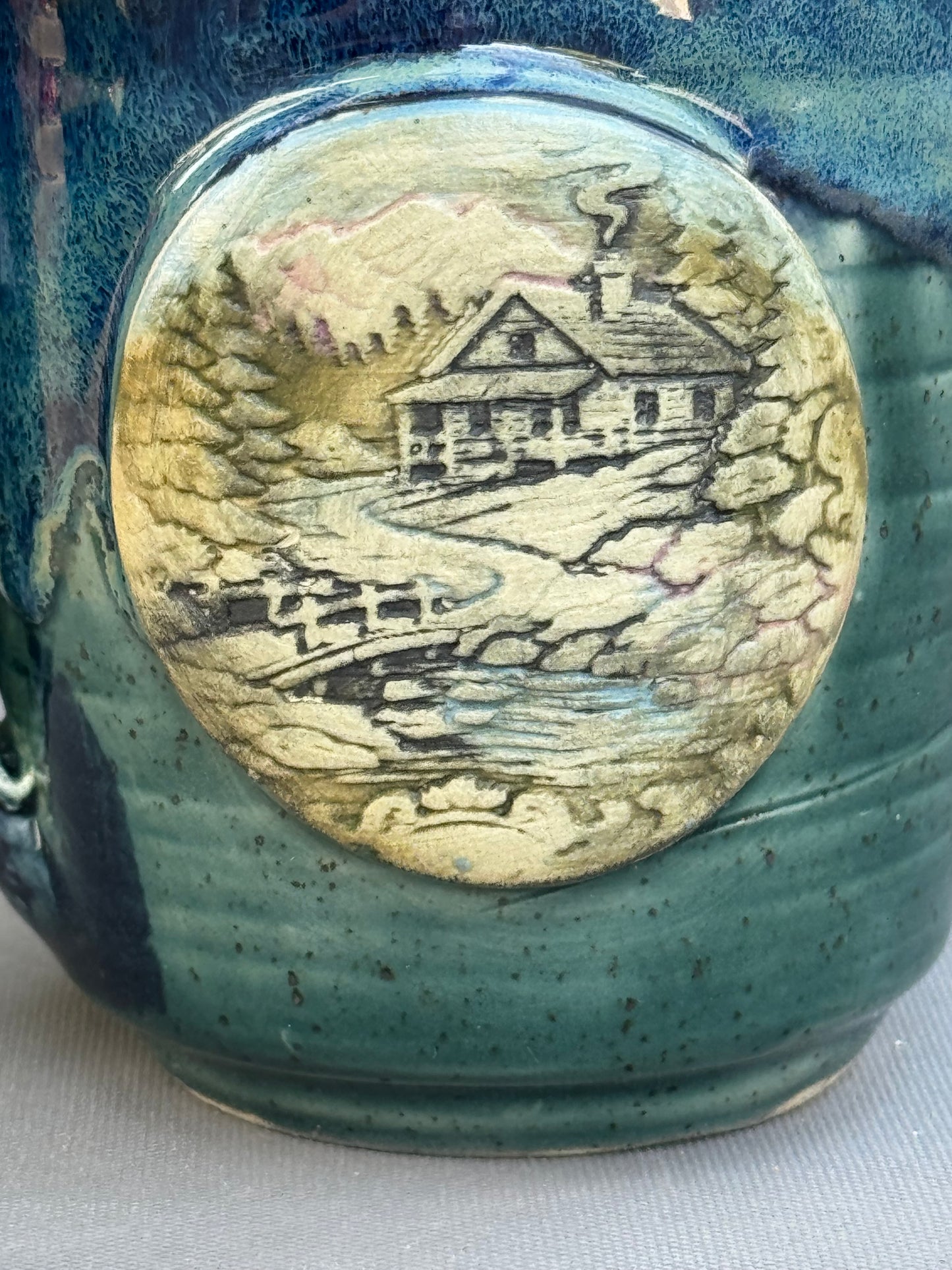 Hand-Thrown Stoneware Mug — Ocean Blue Green, Bear & Cabin Medallions No 2