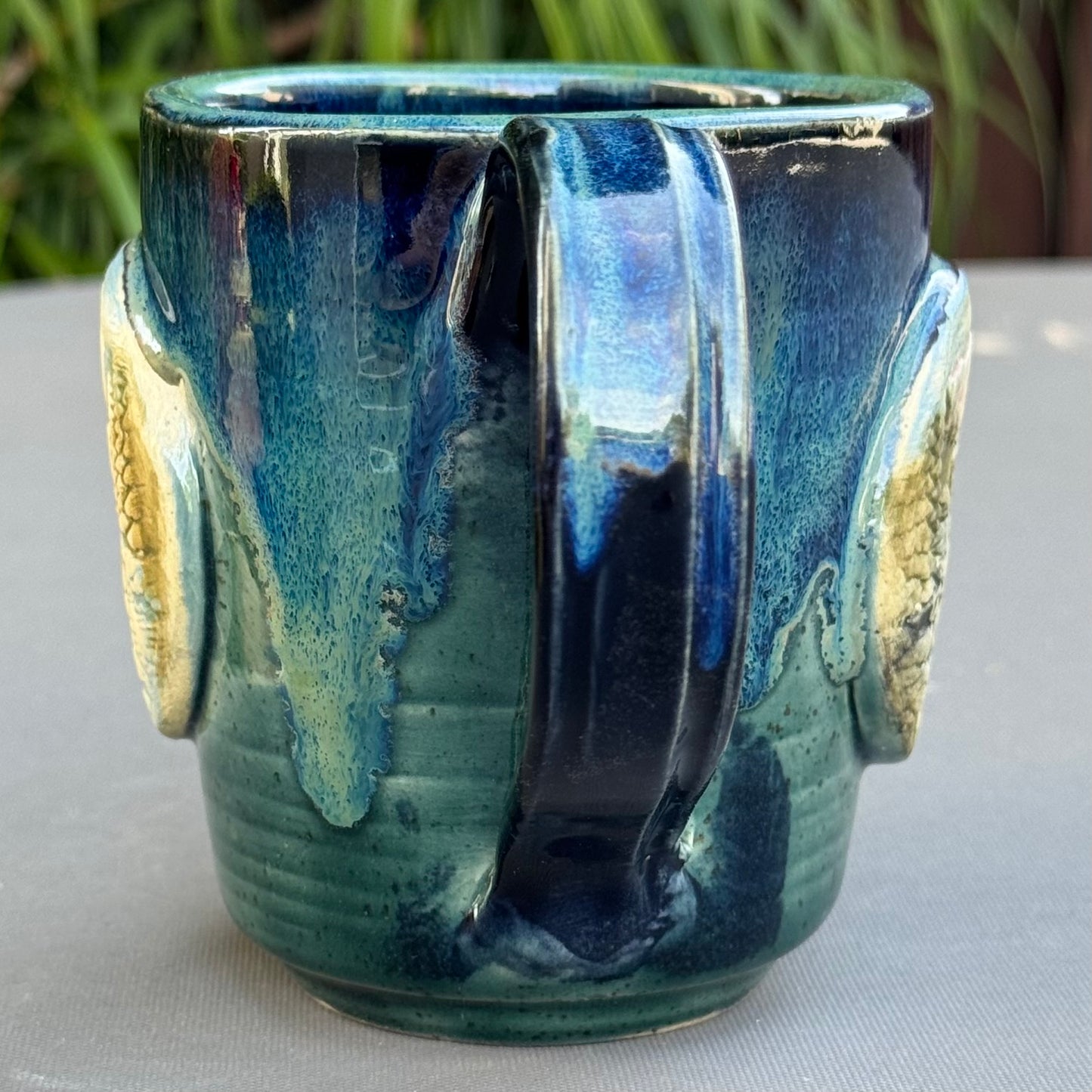 Hand-Thrown Stoneware Mug — Ocean Blue Green, Bear & Cabin Medallions No 2