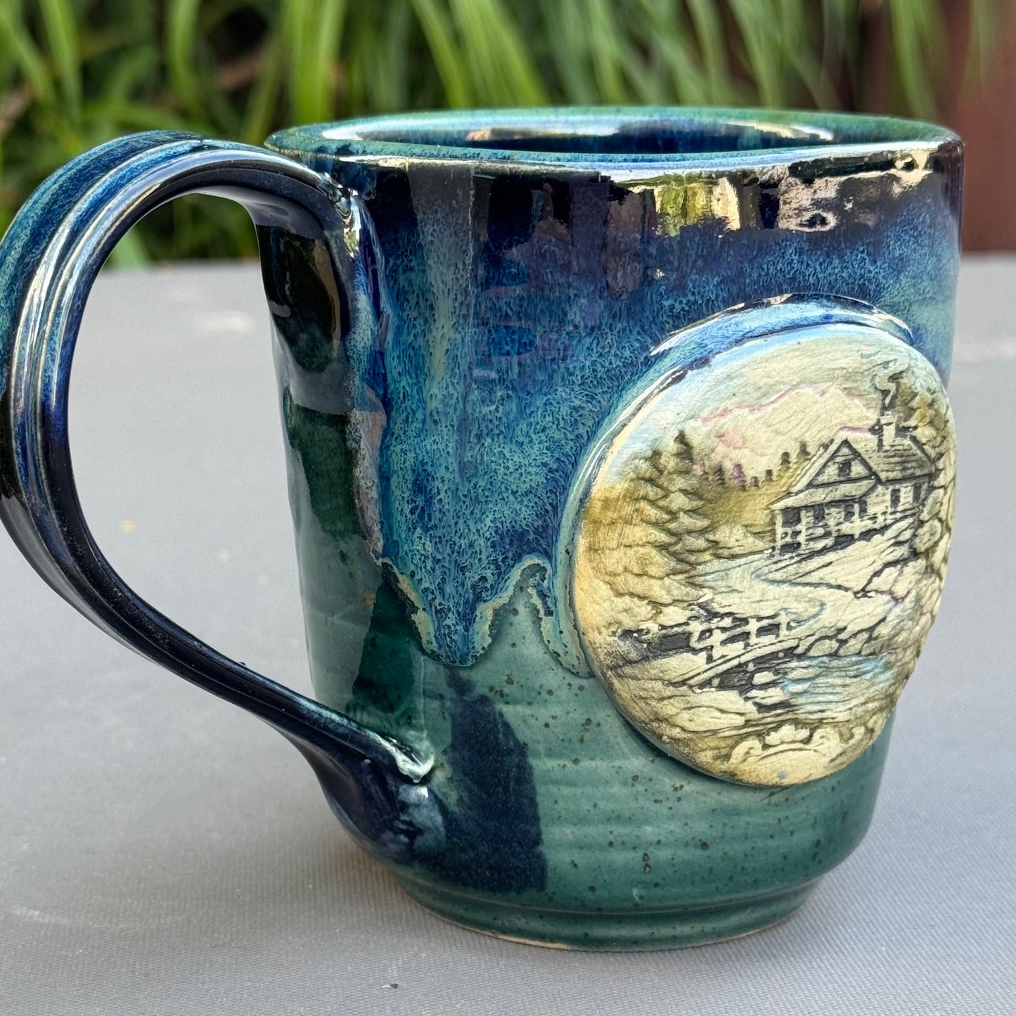 Hand-Thrown Stoneware Mug — Ocean Blue Green, Bear & Cabin Medallions No 2