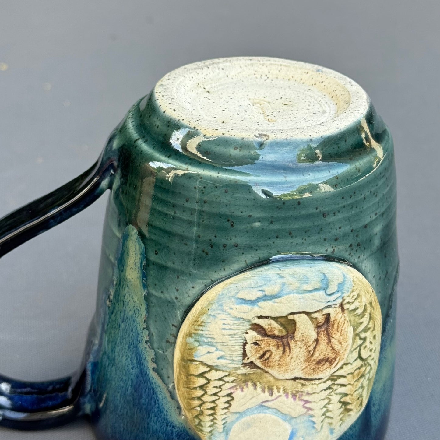 Hand-Thrown Stoneware Mug — Ocean Blue Green, Bear & Cabin Medallions No 2