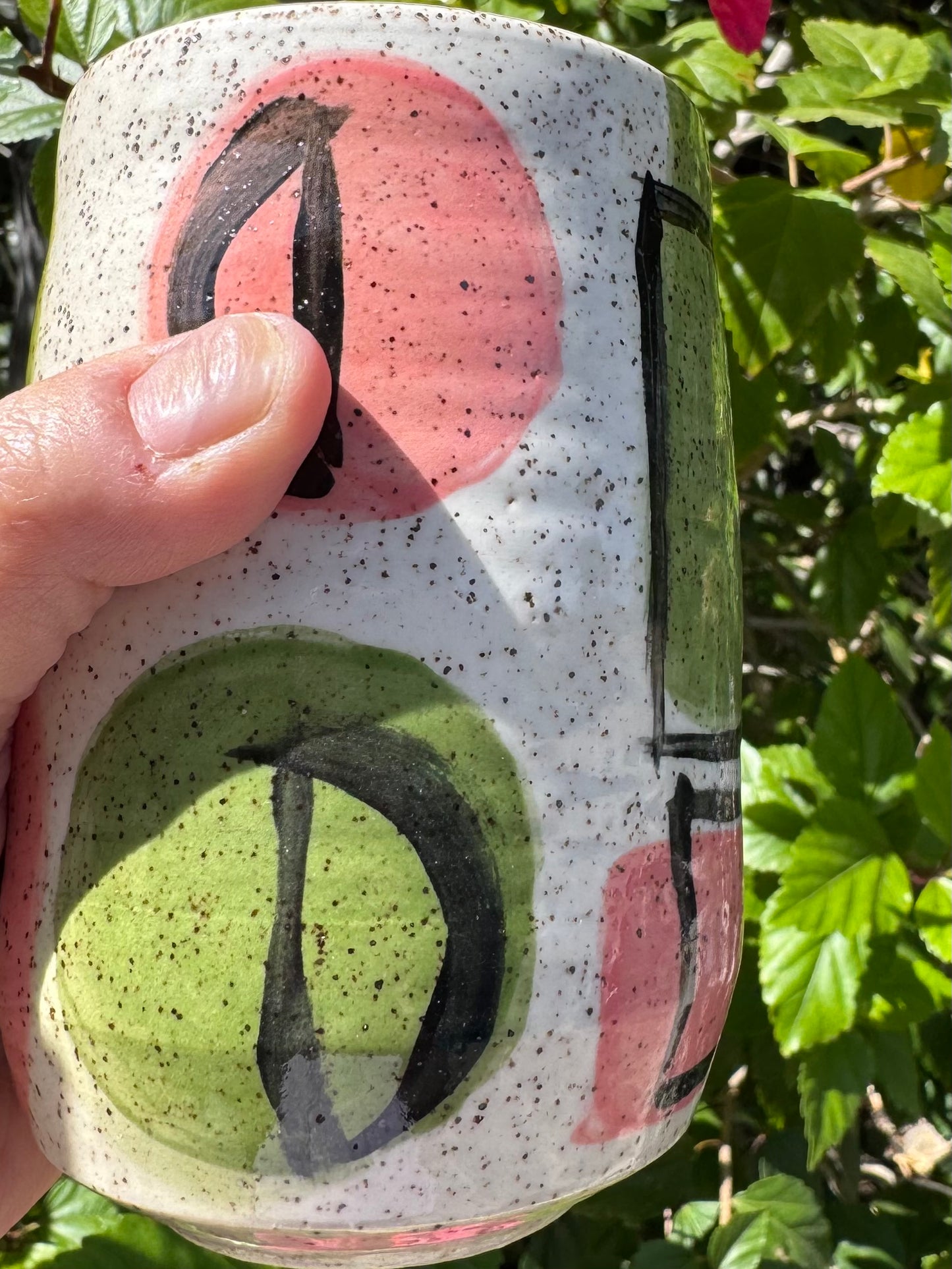 Hand-Thrown Stoneware Tumbler — Abstract Pink & Green