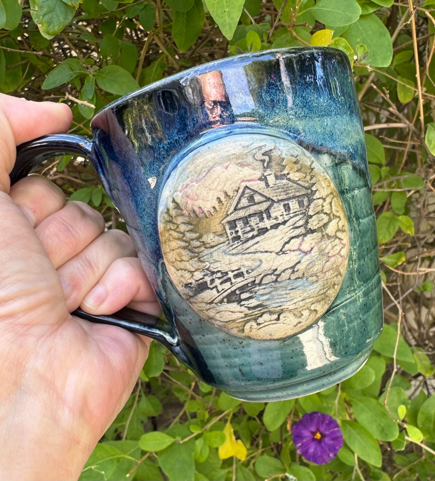 Hand-Thrown Stoneware Mug — Ocean Blue Green, Bear & Cabin Medallions No 2