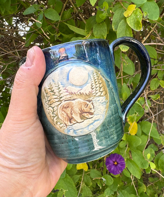 Hand-Thrown Stoneware Mug — Ocean Blue Green, Bear & Cabin Medallions No 2