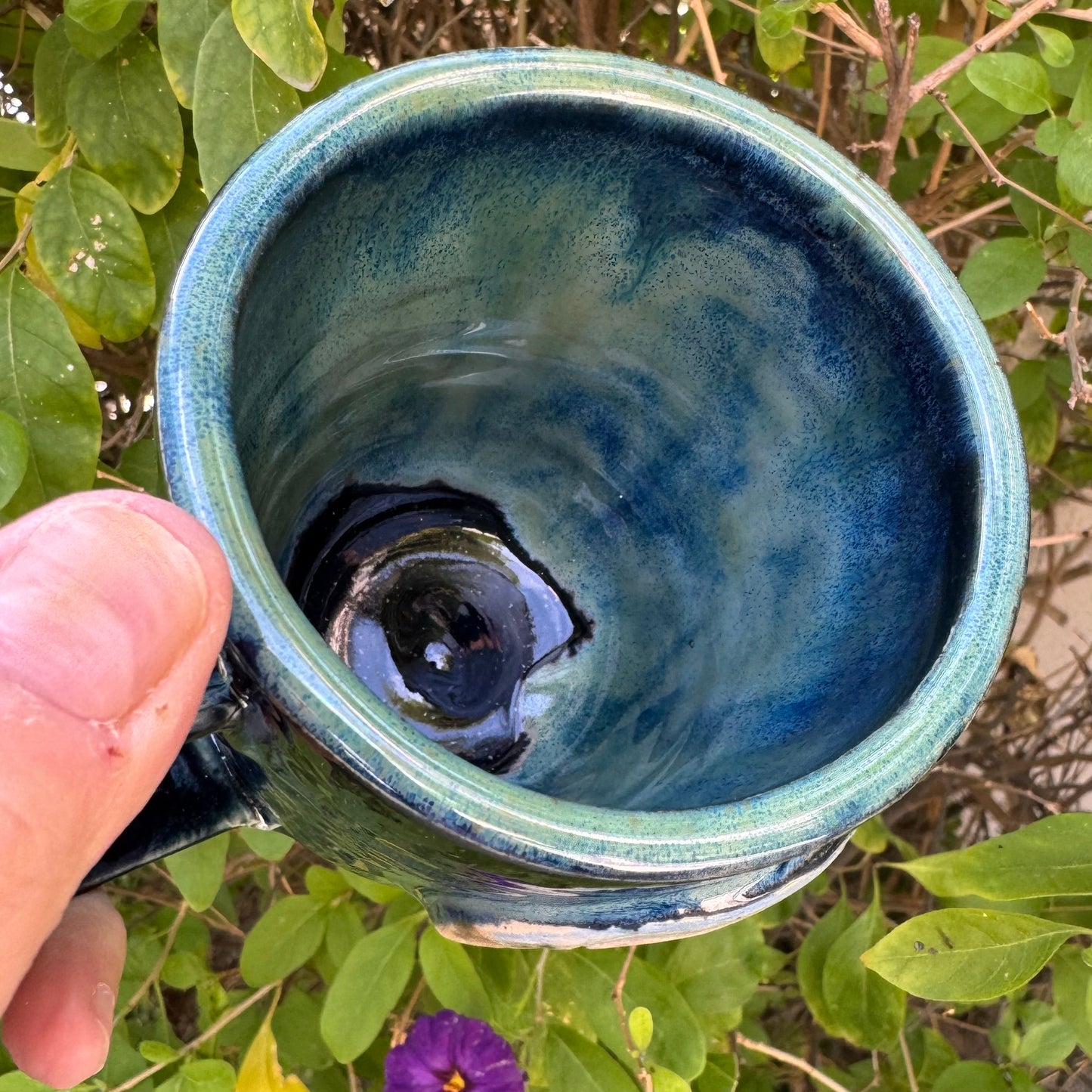 Hand-Thrown Stoneware Mug — Ocean Blue Green, Bear & Cabin Medallions No 2