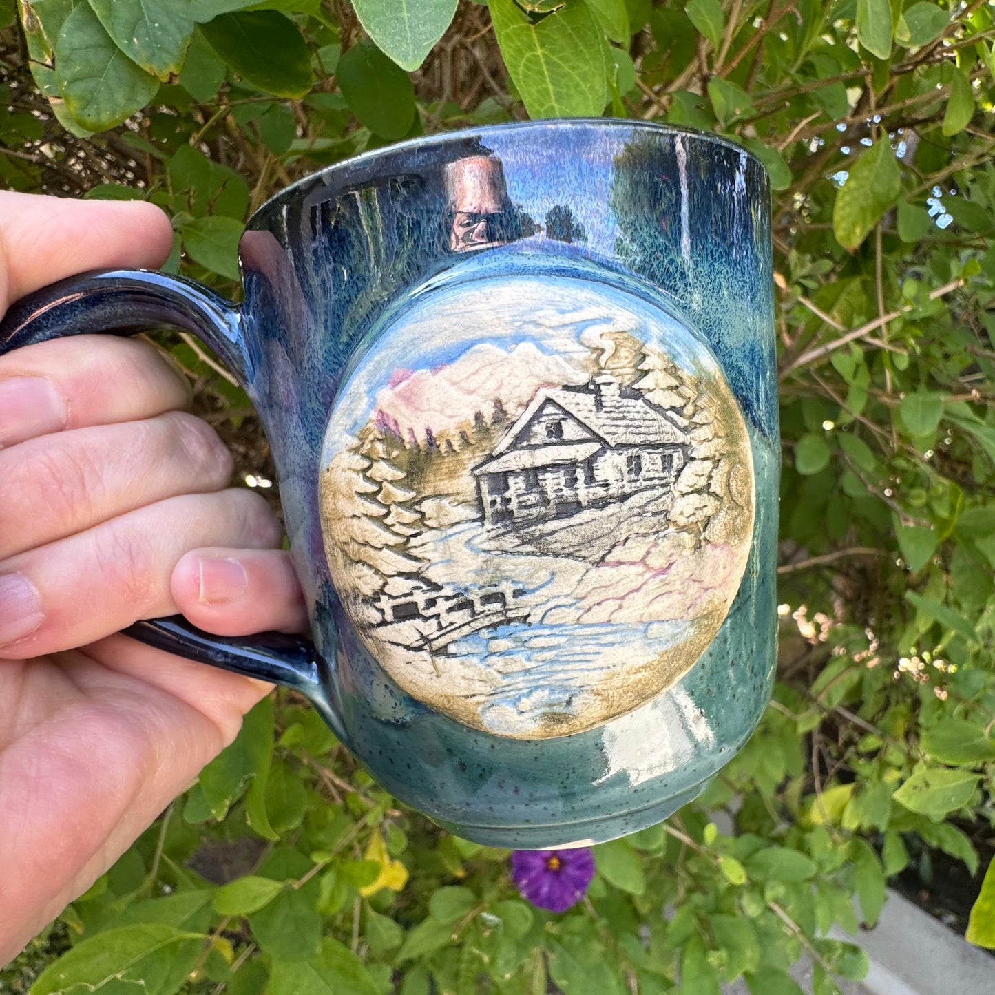 Hand-Thrown Stoneware Mug — Ocean Blue Green, Bear & Cabin Medallions
