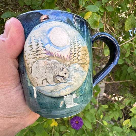 Hand-Thrown Stoneware Mug — Ocean Blue Green, Bear & Cabin Medallions
