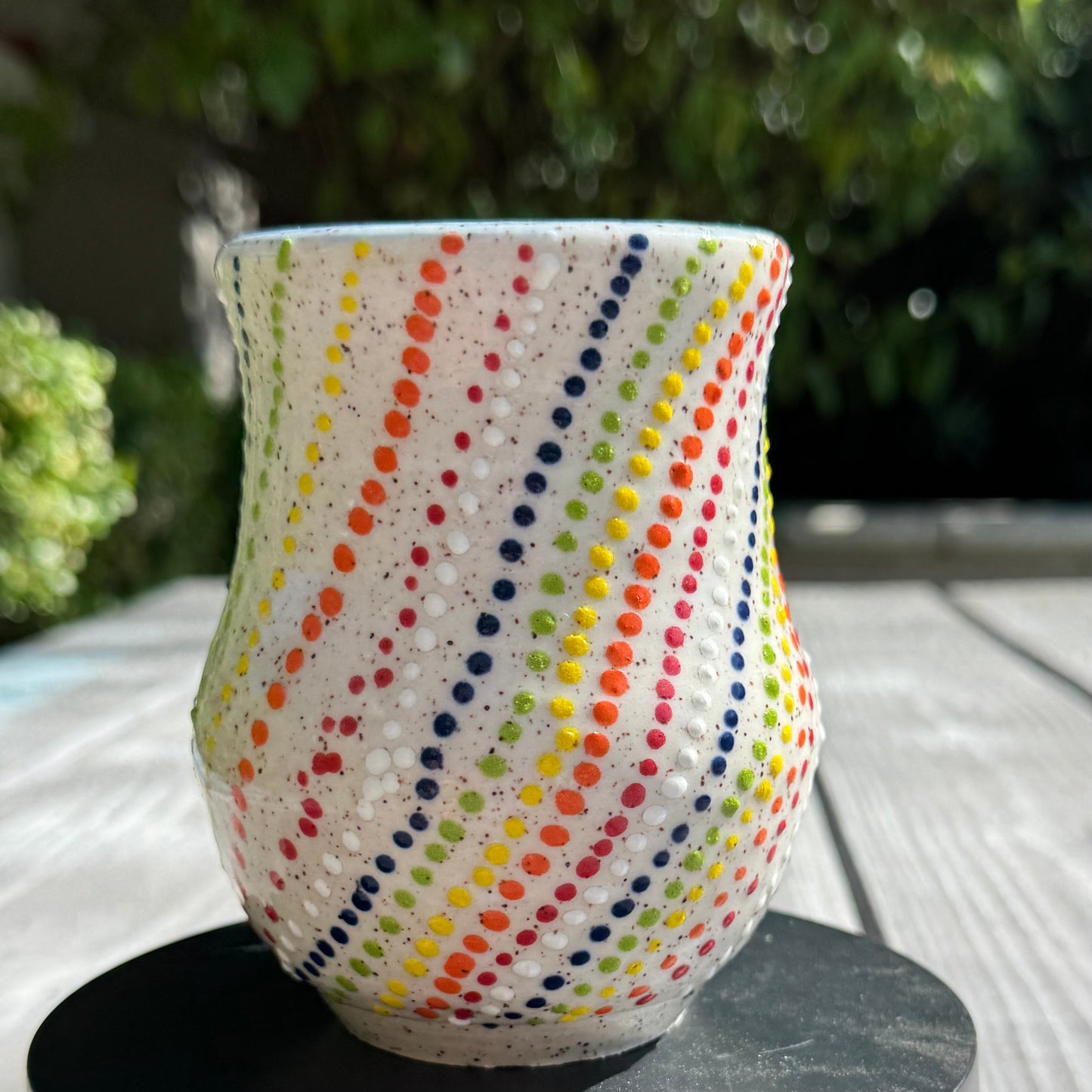 Handmade Rainbow Dot Stoneware Mug – 14 oz Coffee Cup