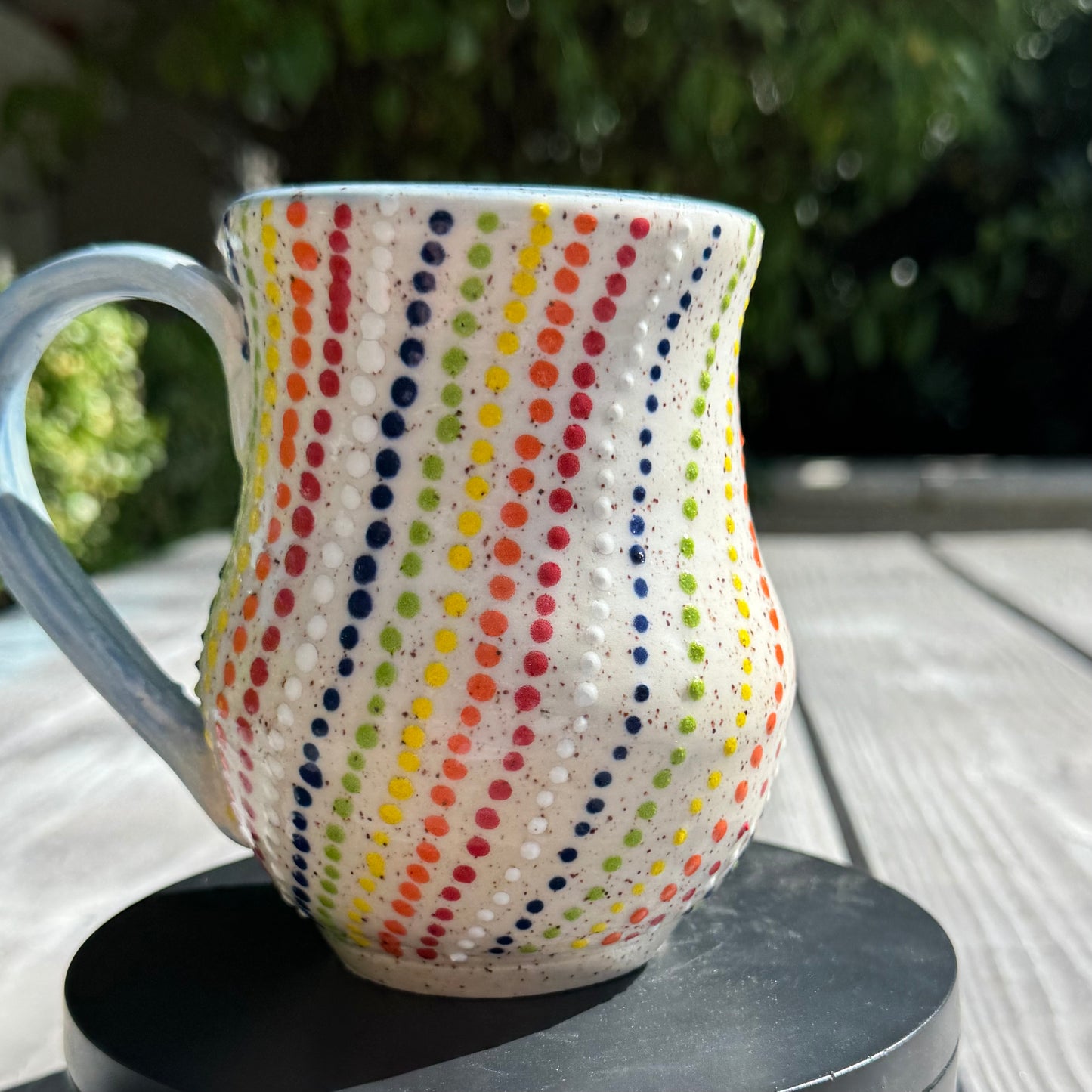 Handmade Rainbow Dot Stoneware Mug – 14 oz Coffee Cup