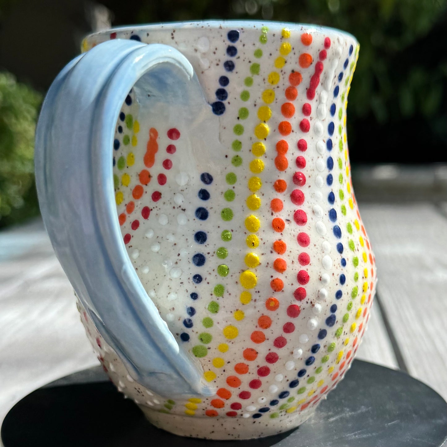 Handmade Rainbow Dot Stoneware Mug – 14 oz Coffee Cup