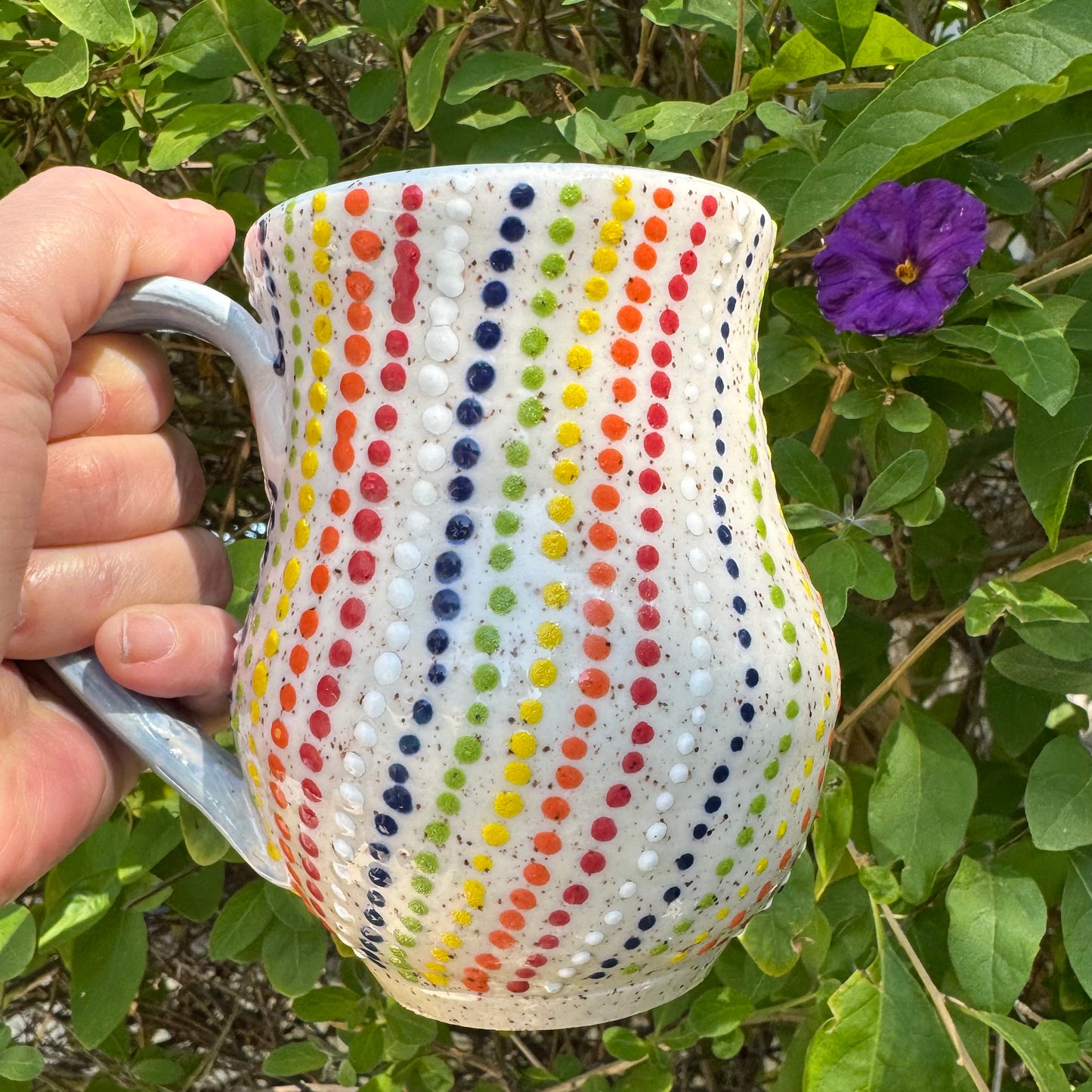 Handmade Rainbow Dot Stoneware Mug – 14 oz Coffee Cup