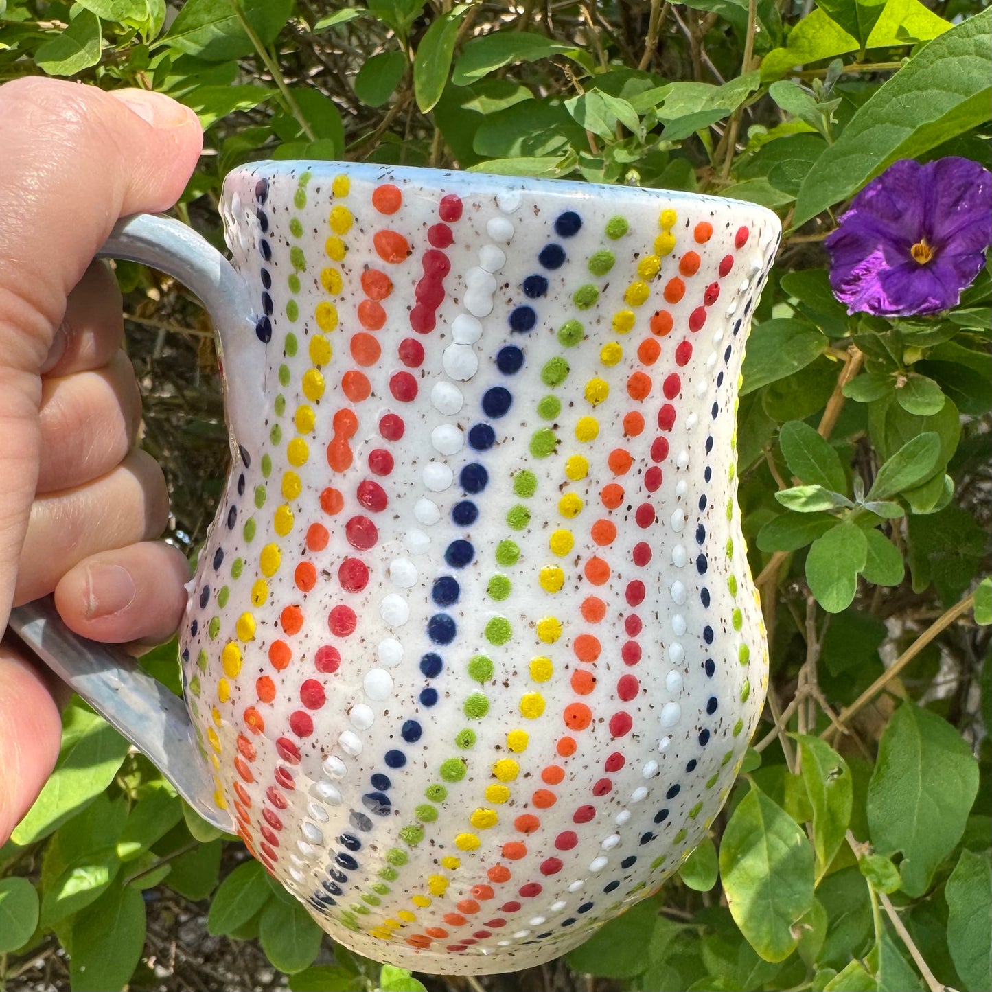 Handmade Rainbow Dot Stoneware Mug – 14 oz Coffee Cup