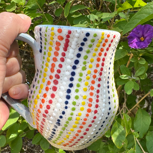 Handmade Rainbow Dot Stoneware Mug – 14 oz Coffee Cup