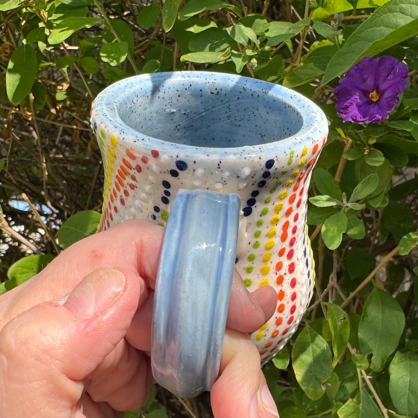 Handmade Rainbow Dot Stoneware Mug – 14 oz Coffee Cup