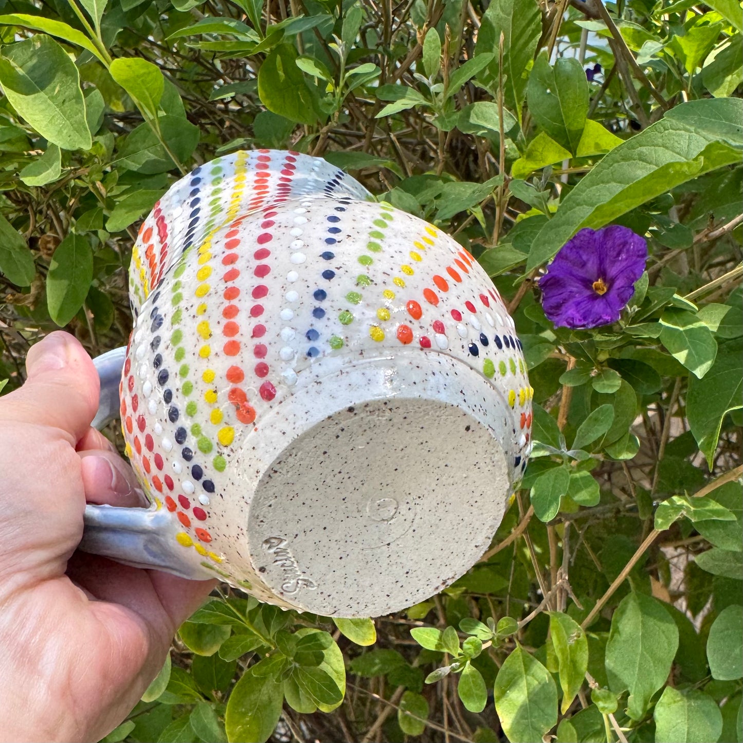 Handmade Rainbow Dot Stoneware Mug – 14 oz Coffee Cup