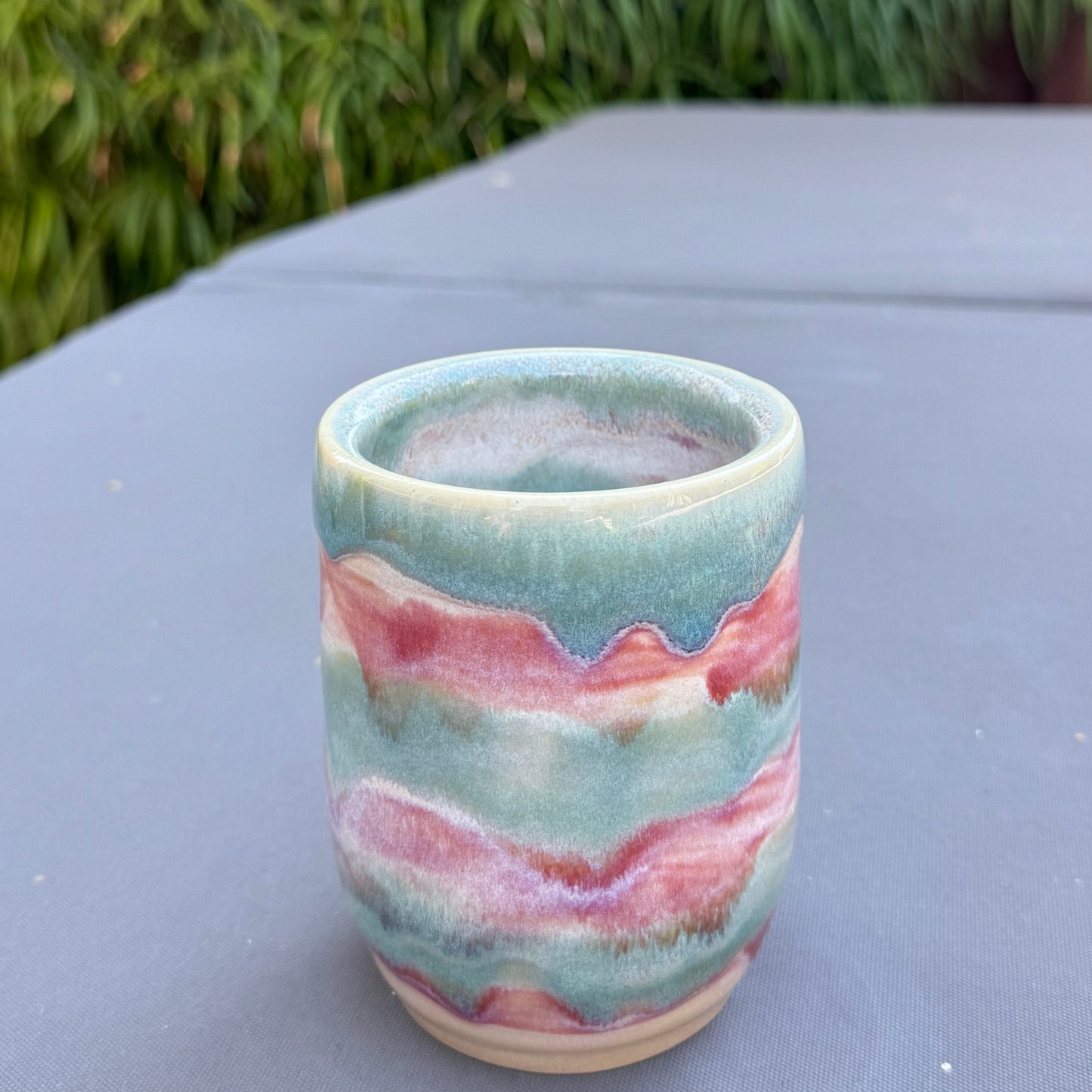 Handmade Pink & Aqua Ceramic Tumbler | 12 oz Stoneware Cup