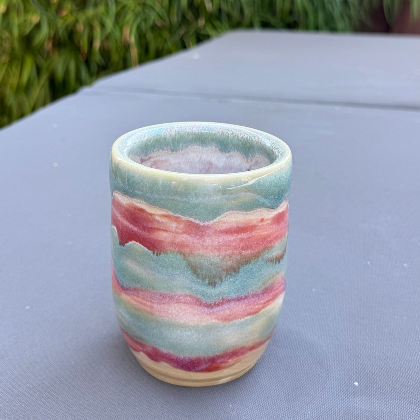 Handmade Pink & Aqua Ceramic Tumbler | 12 oz Stoneware Cup
