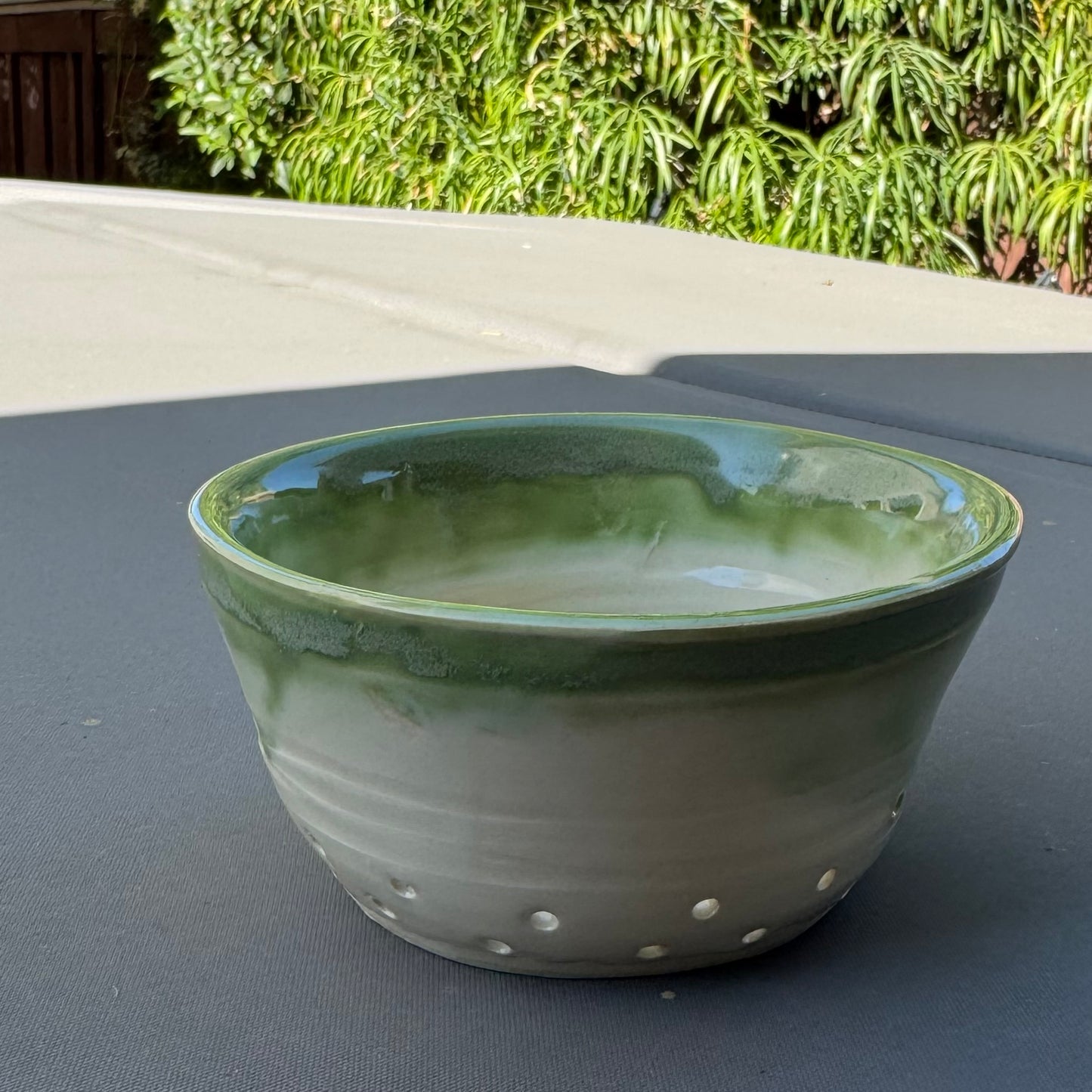 Handmade Green Stoneware Berry Bowl | Ceramic Colander for Berries & Produce