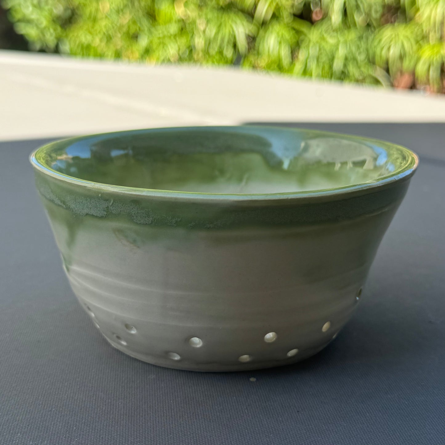 Handmade Green Stoneware Berry Bowl | Ceramic Colander for Berries & Produce