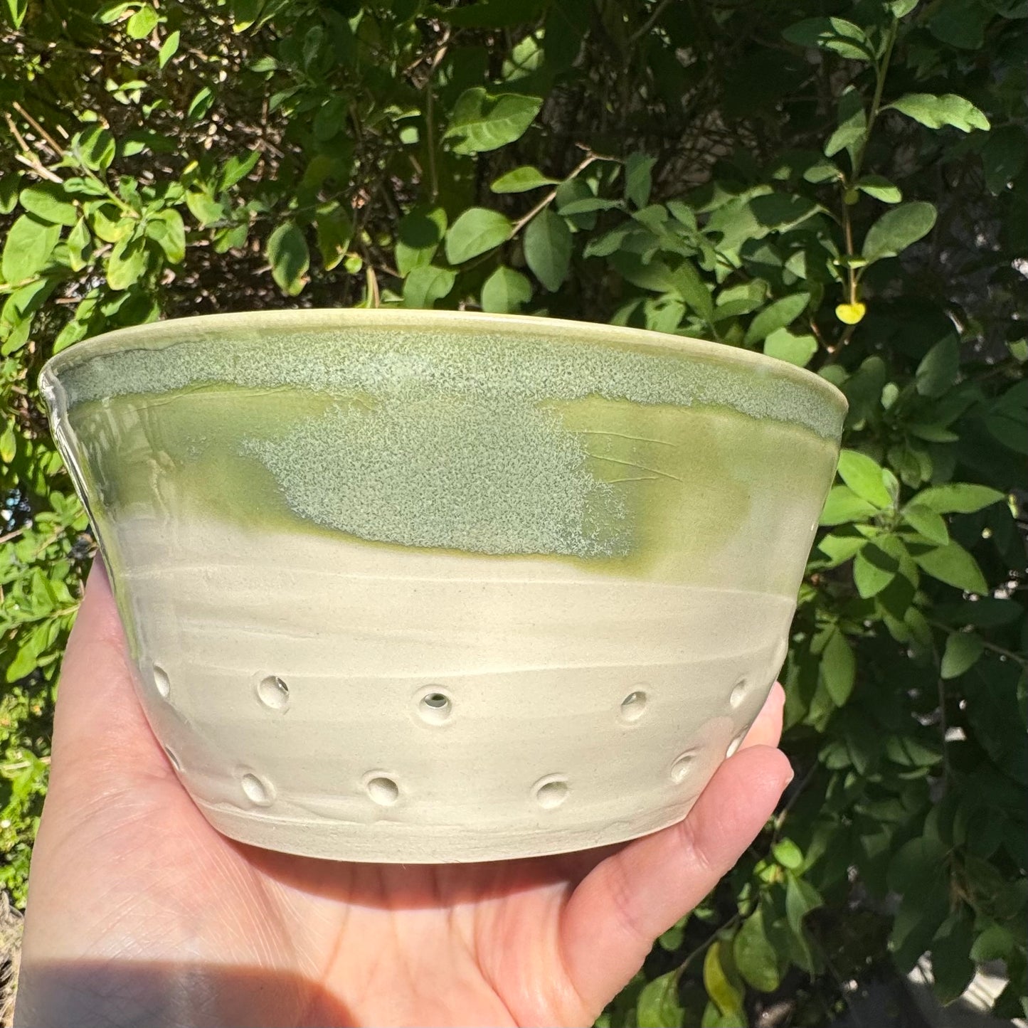 Handmade Green Stoneware Berry Bowl | Ceramic Colander for Berries & Produce
