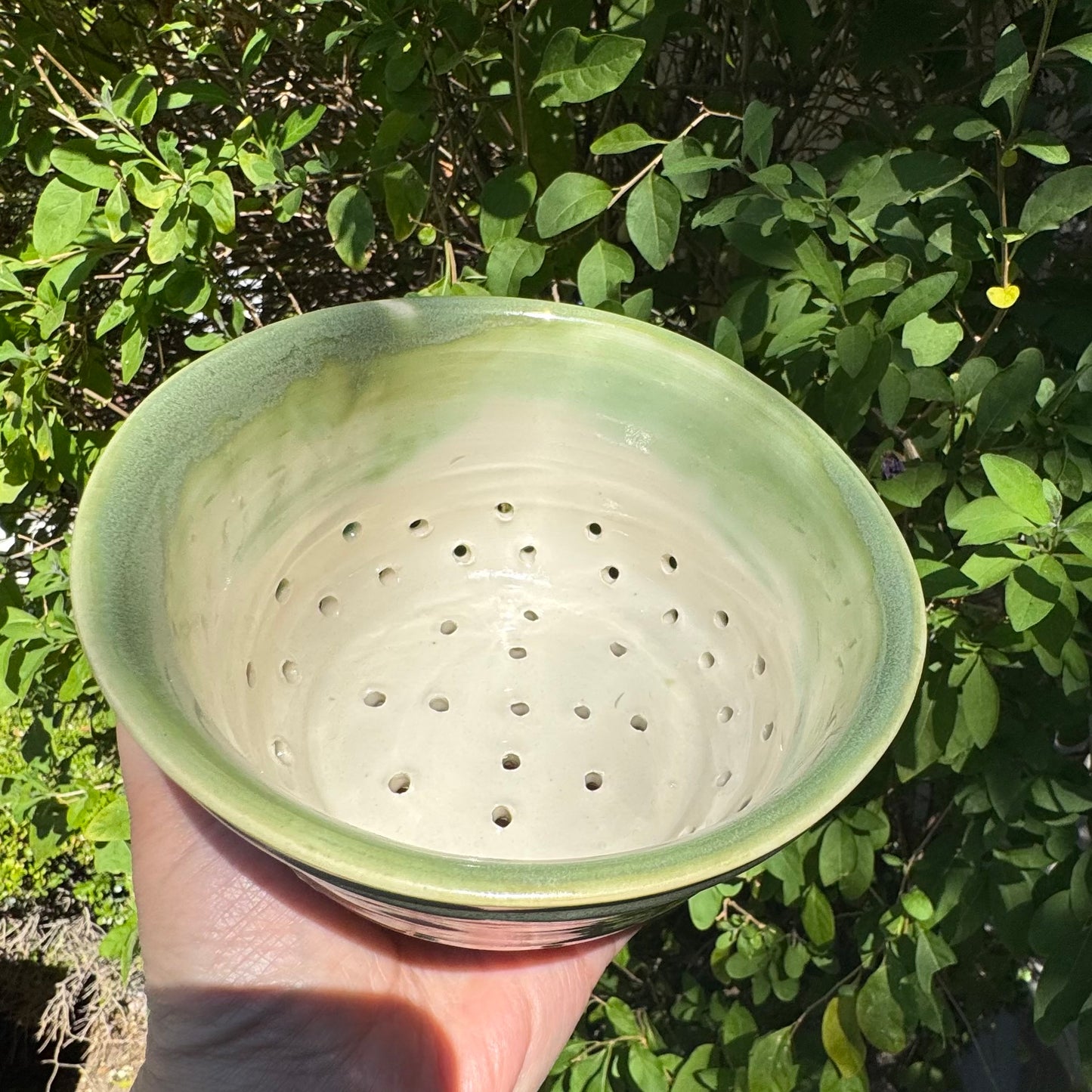 Handmade Green Stoneware Berry Bowl | Ceramic Colander for Berries & Produce