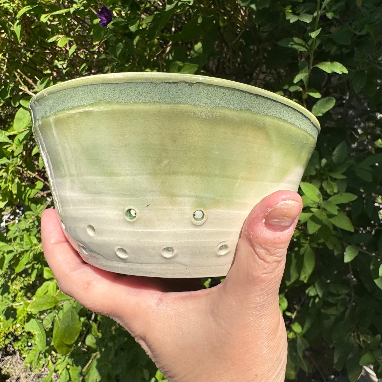 Handmade Green Stoneware Berry Bowl | Ceramic Colander for Berries & Produce