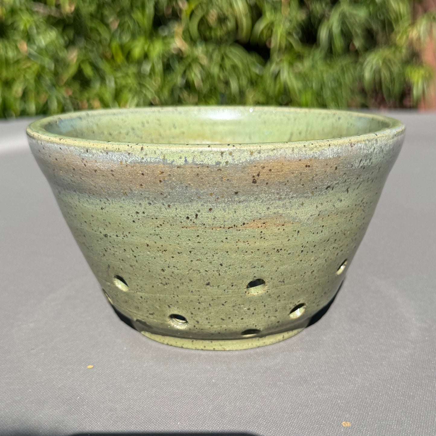 Handmade Green Stoneware Colander | Ceramic Berry Bowl & Produce Strainer