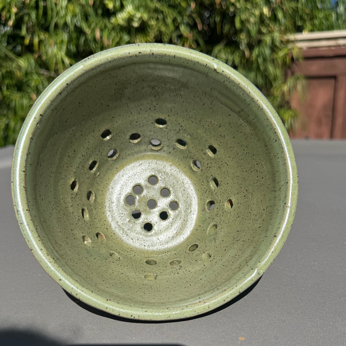 Handmade Green Stoneware Colander | Ceramic Berry Bowl & Produce Strainer