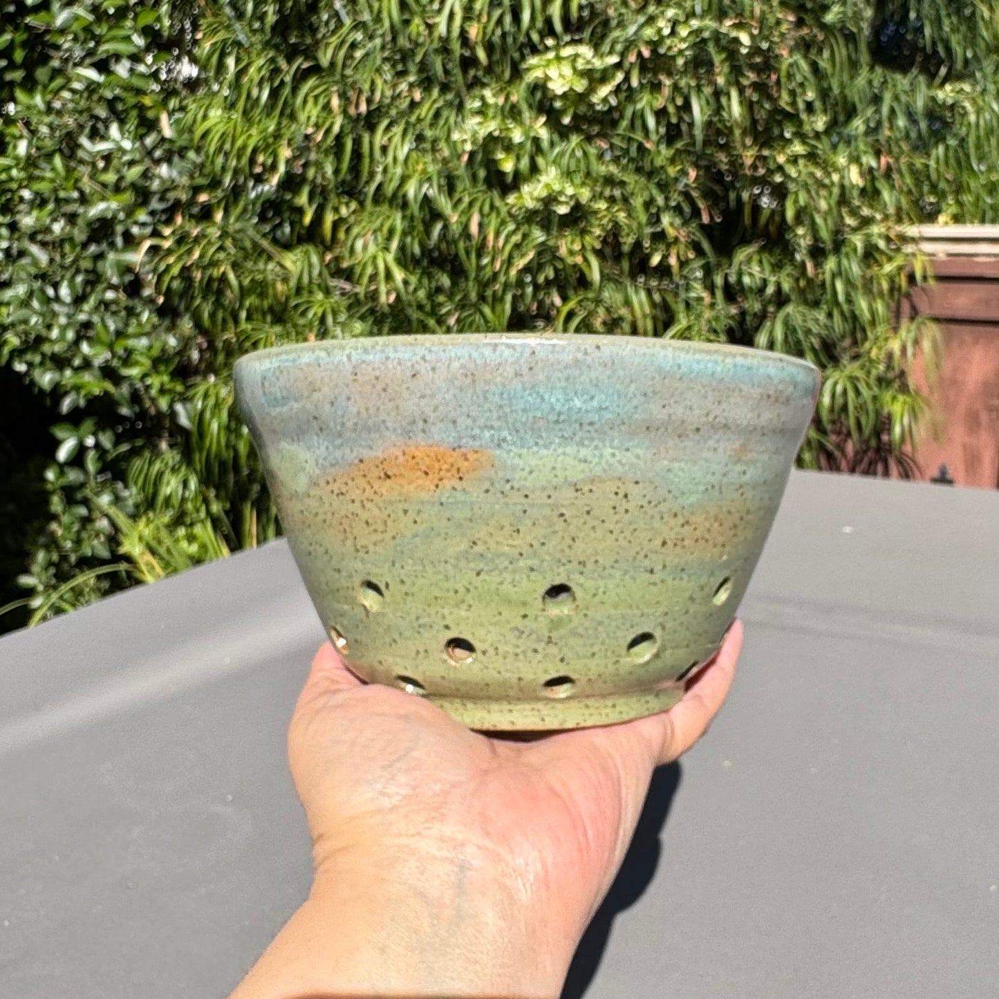 Handmade Green Stoneware Colander | Ceramic Berry Bowl & Produce Strainer