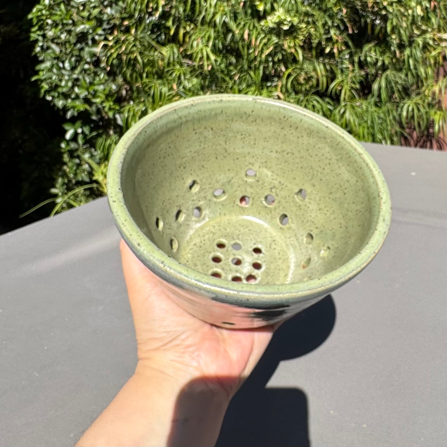 Handmade Green Stoneware Colander | Ceramic Berry Bowl & Produce Strainer