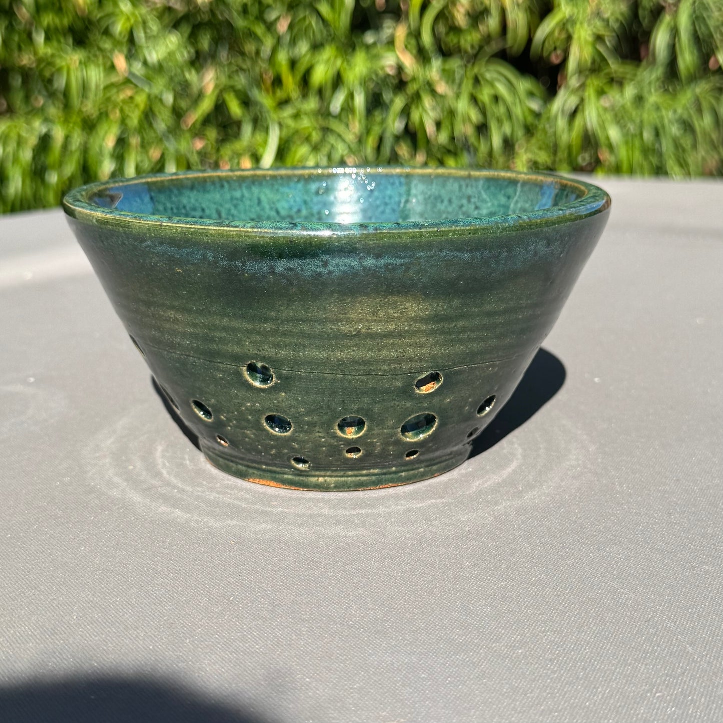 Handmade Green Stoneware Colander | Large Ceramic Berry Bowl & Produce Strainer