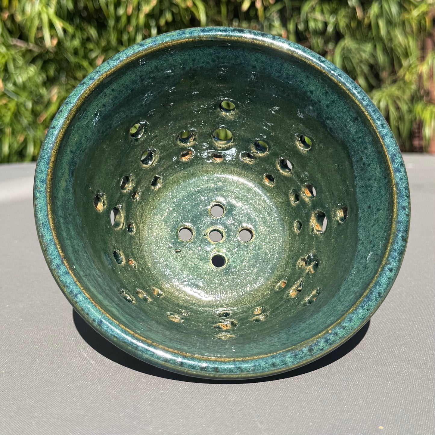 Handmade Green Stoneware Colander | Large Ceramic Berry Bowl & Produce Strainer