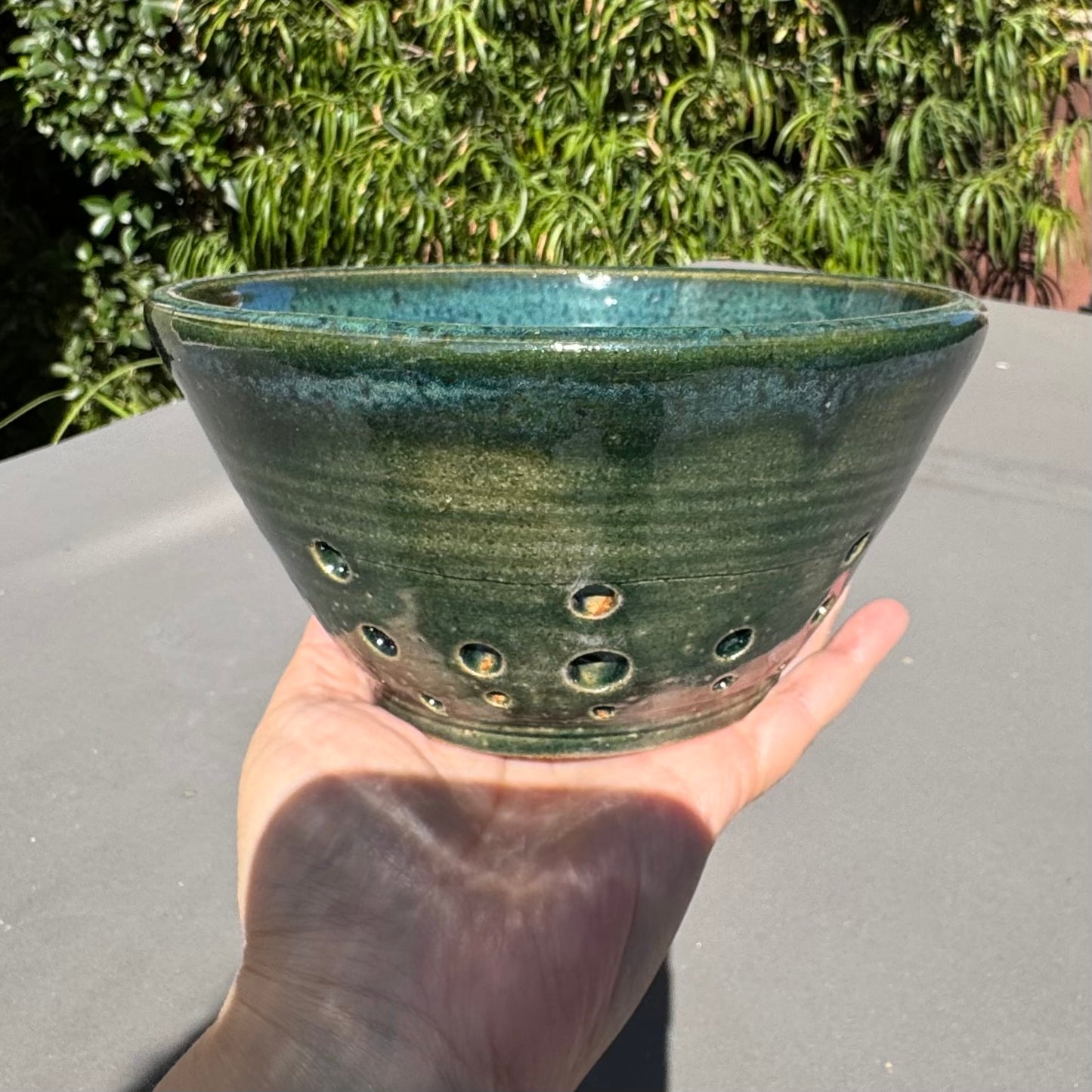 Handmade Green Stoneware Colander | Large Ceramic Berry Bowl & Produce Strainer