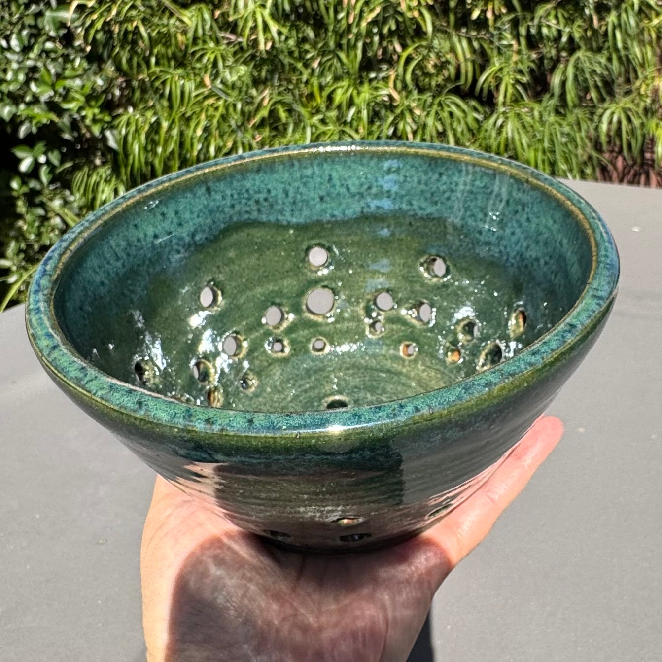Handmade Green Stoneware Colander | Large Ceramic Berry Bowl & Produce Strainer
