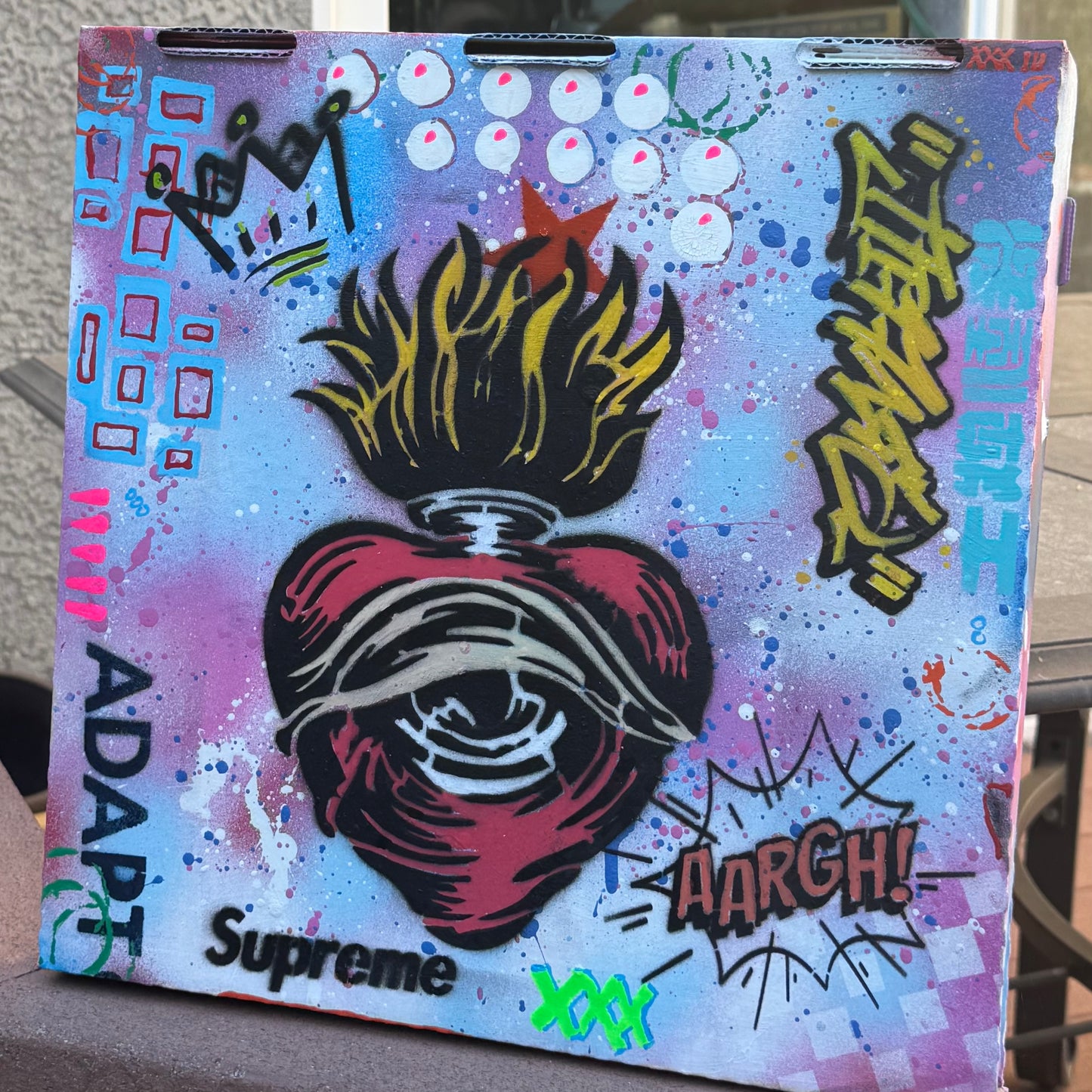 Upcycled Pizza Box Street Art | Sacred Heart Mixed Media Wall Art | Original Pop Art