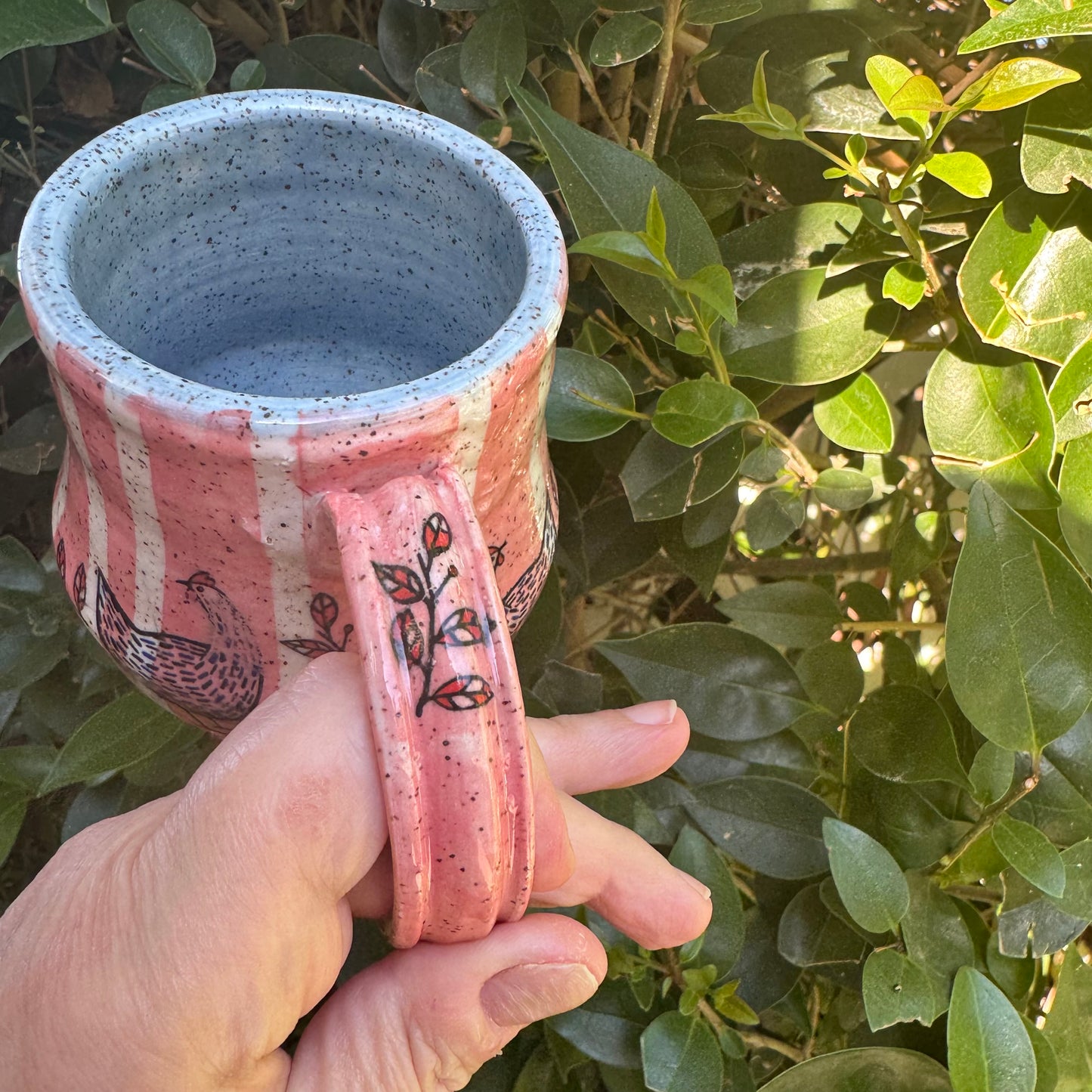 Pink Stripe & Chickens Hand-Thrown 12 Oz Stoneware Mug  No 2